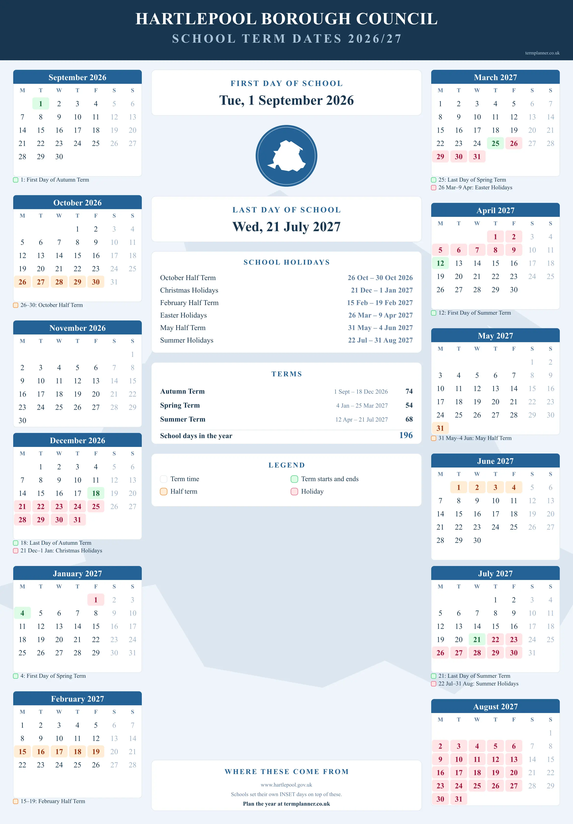 Hartlepool Borough Council’s 2026/27 school year drawn as a wall calendar: all twelve months from September to August, with autumn term 1 September to 18 December 2026, spring term 4 January to 25 March 2027, summer term 12 April to 21 July 2027. Half terms, holidays and bank holidays are shaded, and each month's dates listed underneath it in words.