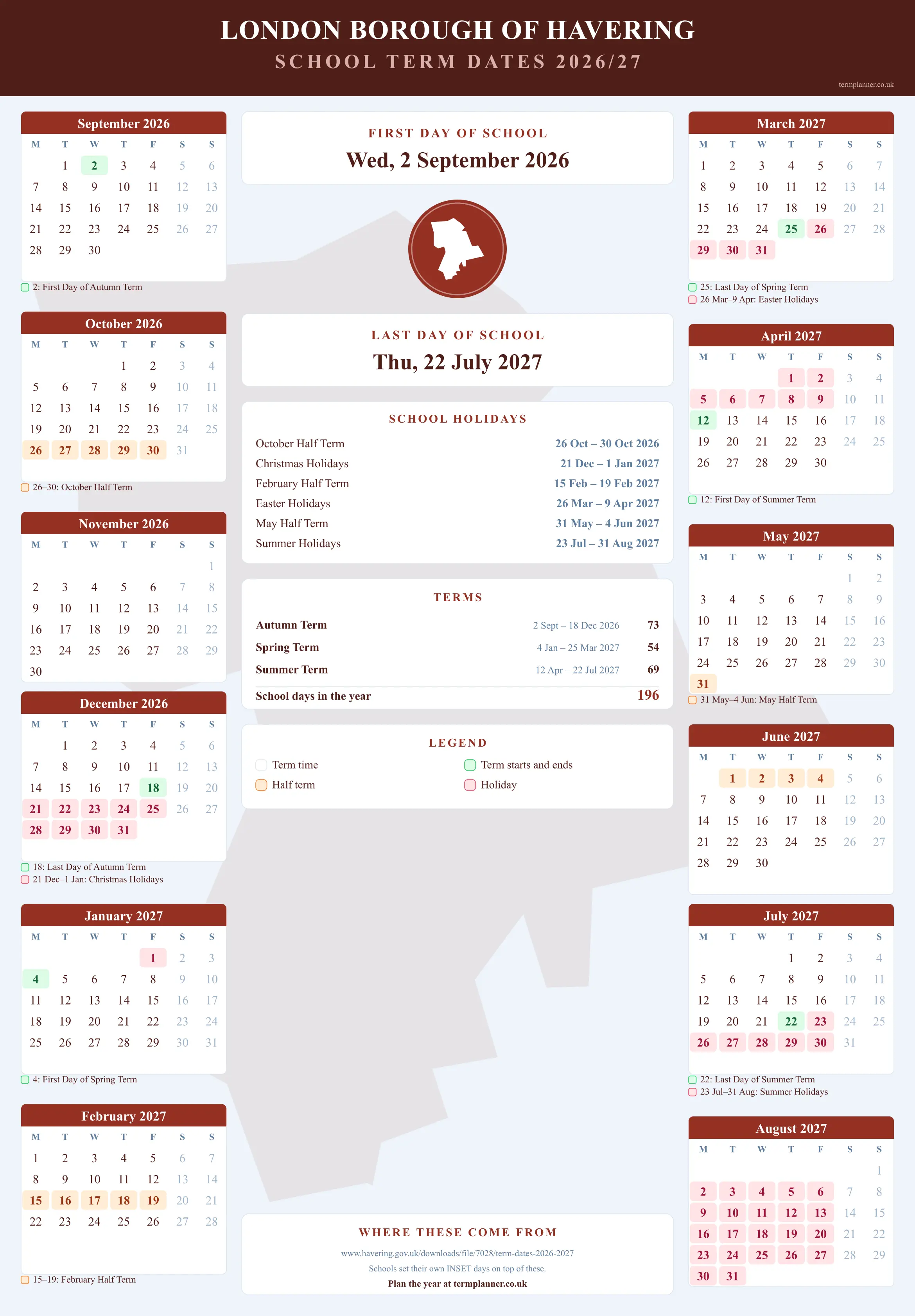 London Borough of Havering’s 2026/27 school year drawn as a wall calendar: all twelve months from September to August, with autumn term 2 September to 18 December 2026, spring term 4 January to 25 March 2027, summer term 12 April to 22 July 2027. Half terms, holidays and bank holidays are shaded, and each month's dates listed underneath it in words.