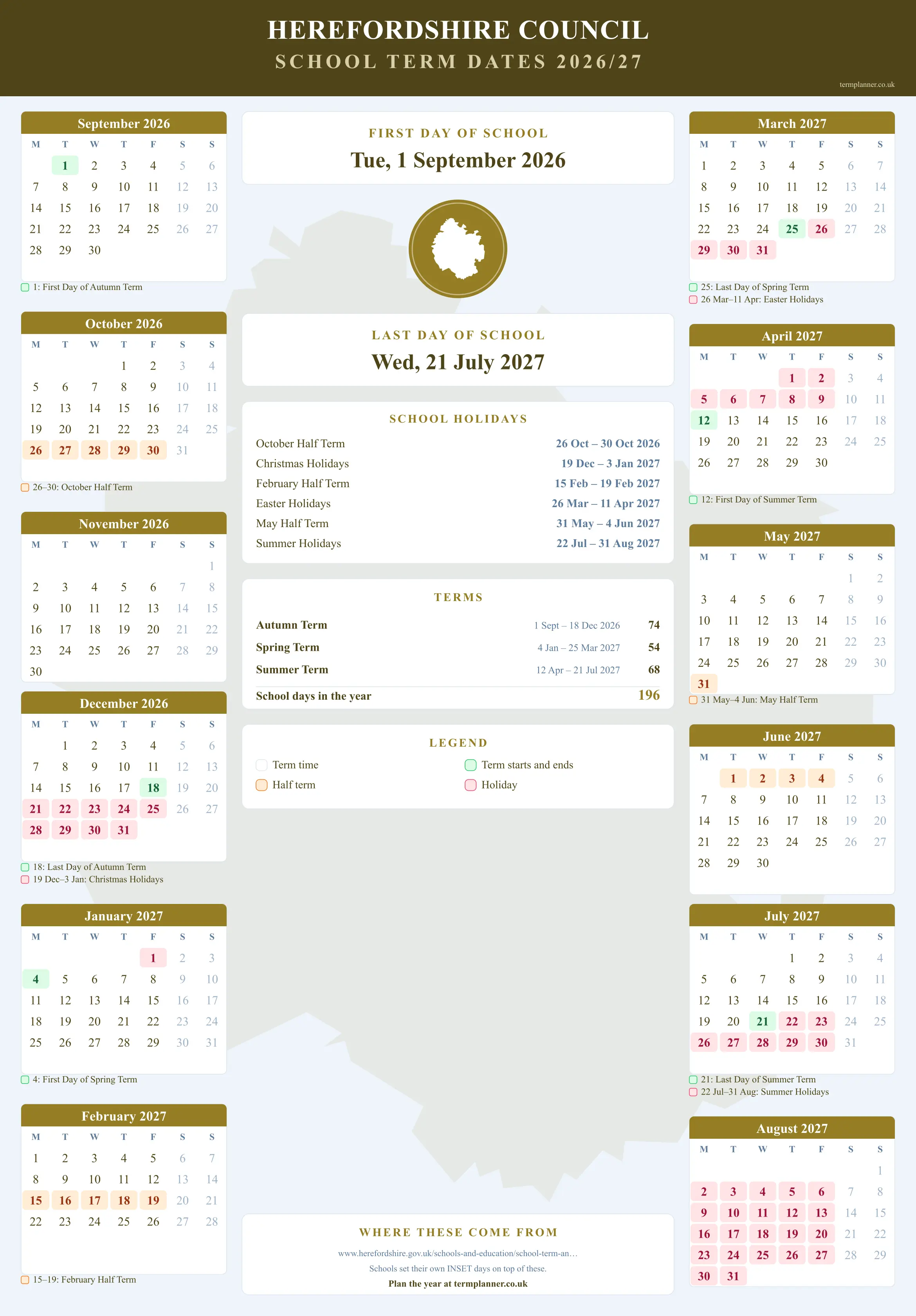 Herefordshire Council’s 2026/27 school year drawn as a wall calendar: all twelve months from September to August, with autumn term 1 September to 18 December 2026, spring term 4 January to 25 March 2027, summer term 12 April to 21 July 2027. Half terms, holidays and bank holidays are shaded, and each month's dates listed underneath it in words.
