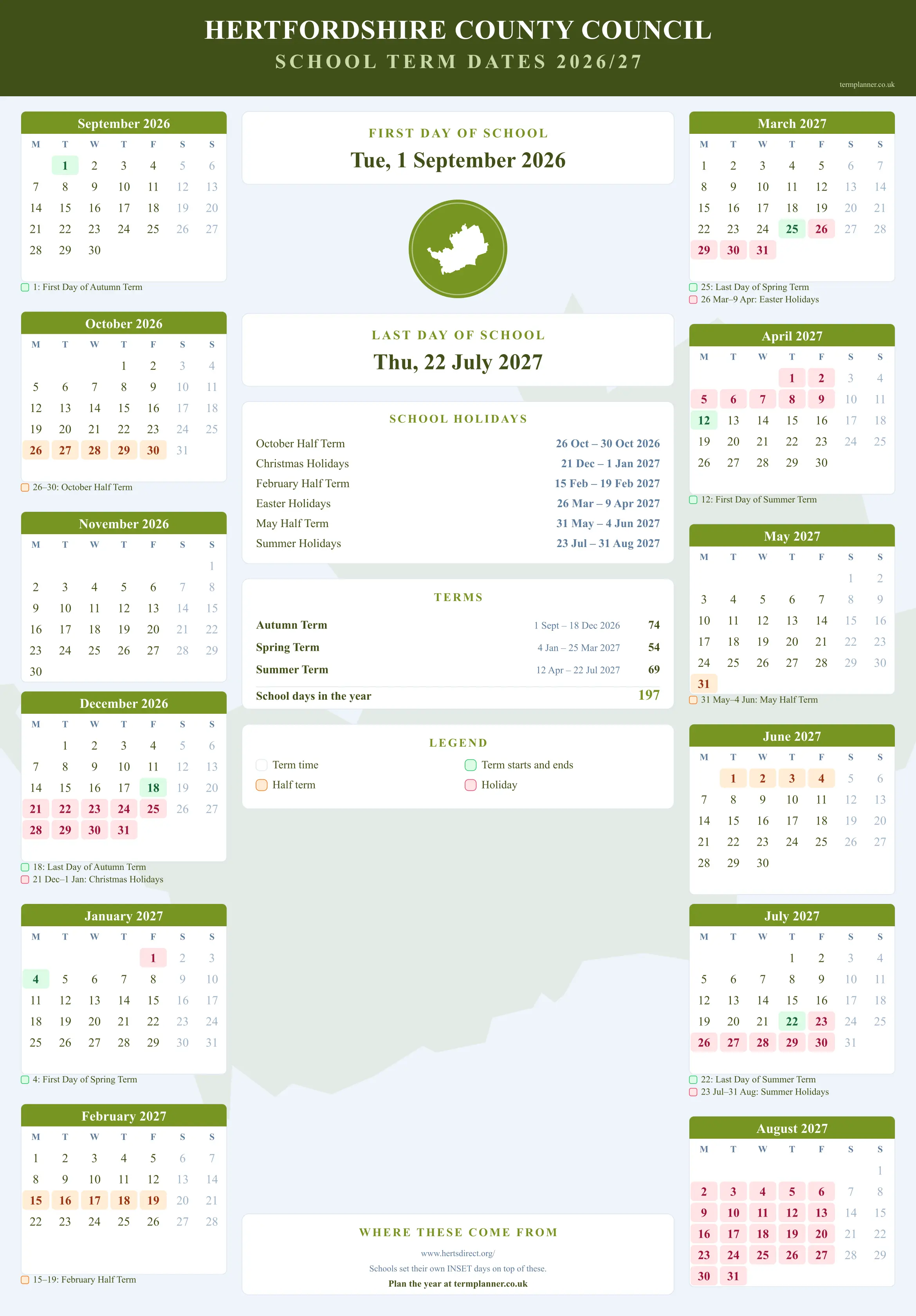 Hertfordshire County Council’s 2026/27 school year drawn as a wall calendar: all twelve months from September to August, with autumn term 1 September to 18 December 2026, spring term 4 January to 25 March 2027, summer term 12 April to 22 July 2027. Half terms, holidays and bank holidays are shaded, and each month's dates listed underneath it in words.
