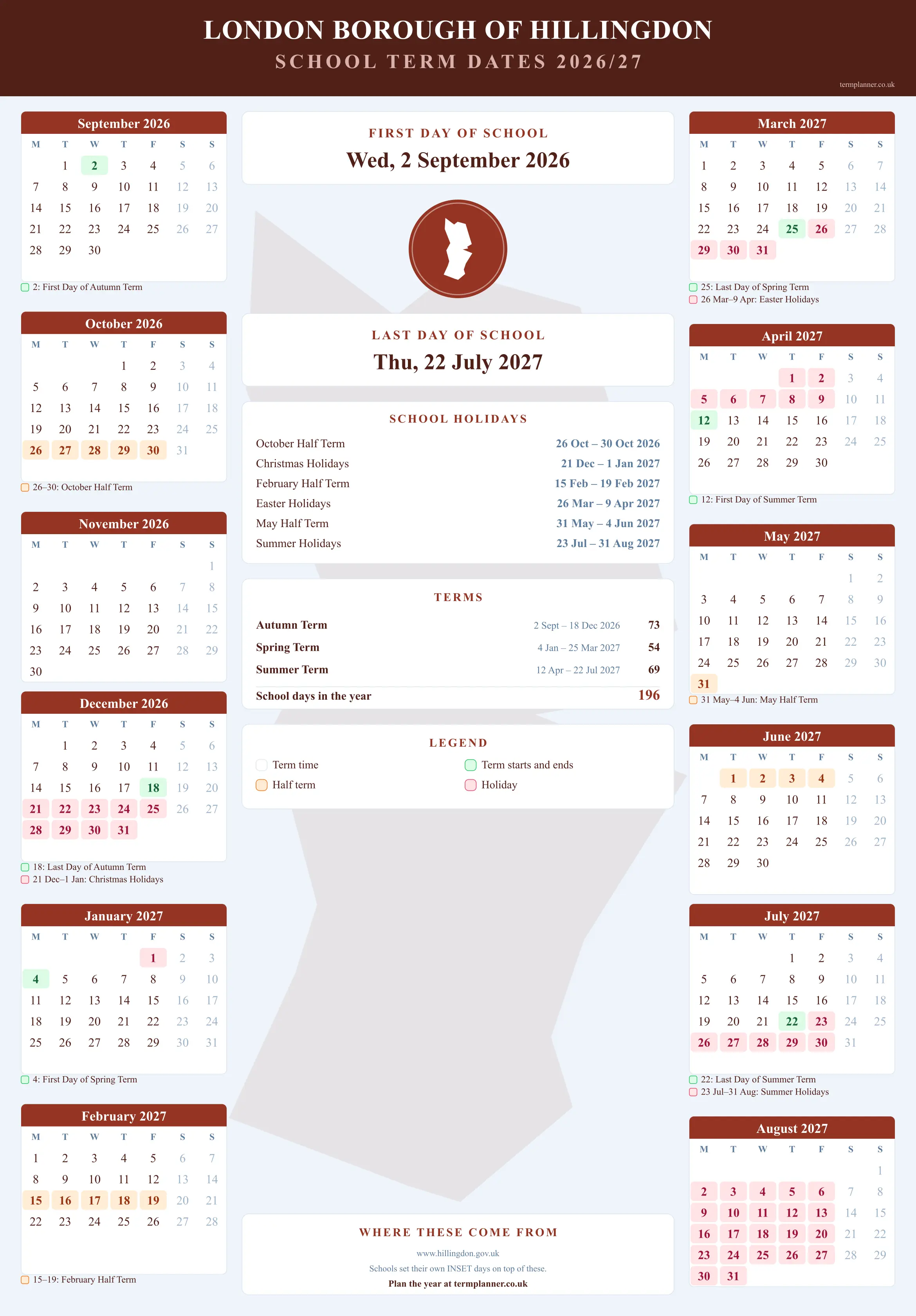 London Borough of Hillingdon’s 2026/27 school year drawn as a wall calendar: all twelve months from September to August, with autumn term 2 September to 18 December 2026, spring term 4 January to 25 March 2027, summer term 12 April to 22 July 2027. Half terms, holidays and bank holidays are shaded, and each month's dates listed underneath it in words.