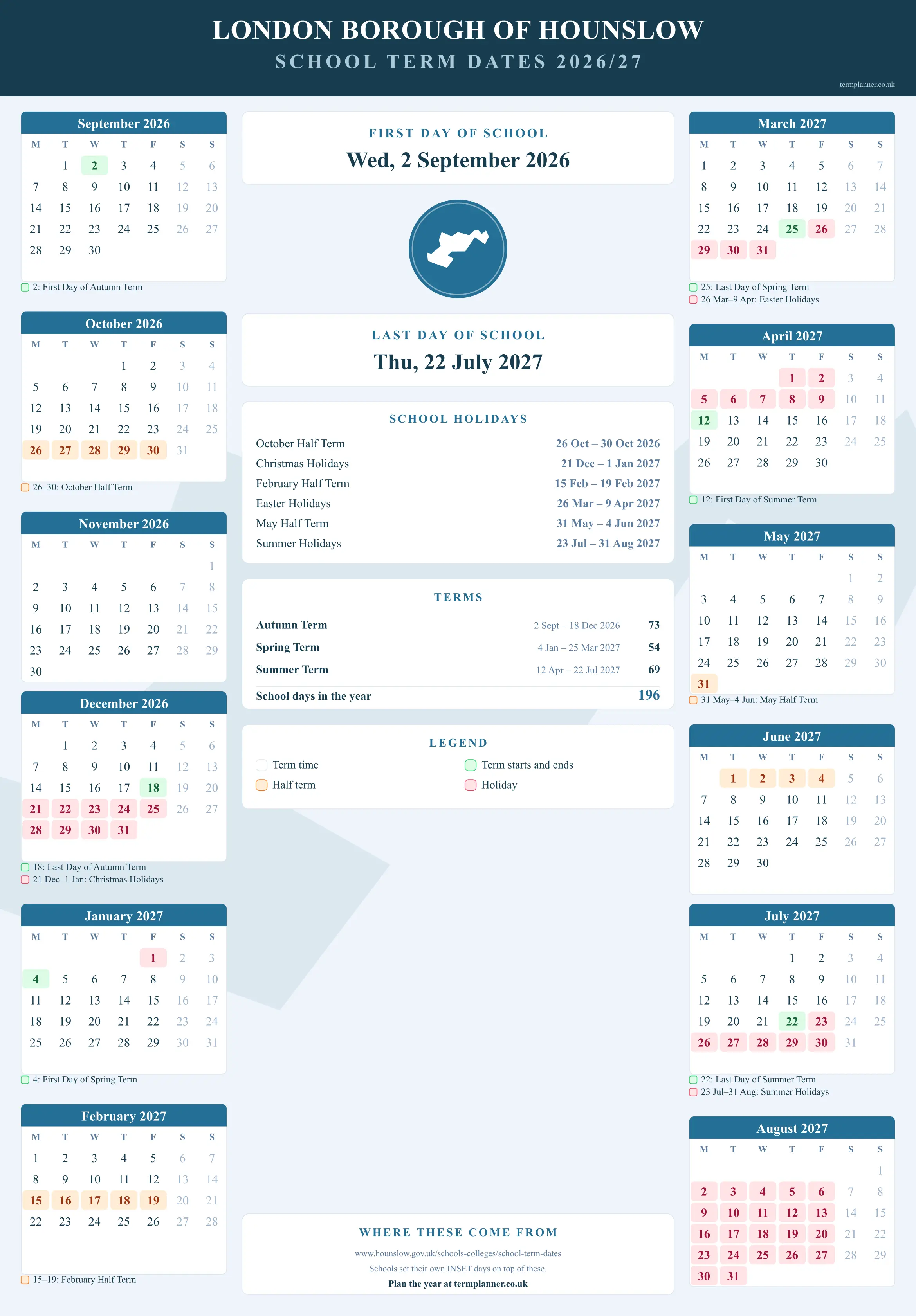 London Borough of Hounslow’s 2026/27 school year drawn as a wall calendar: all twelve months from September to August, with autumn term 2 September to 18 December 2026, spring term 4 January to 25 March 2027, summer term 12 April to 22 July 2027. Half terms, holidays and bank holidays are shaded, and each month's dates listed underneath it in words.