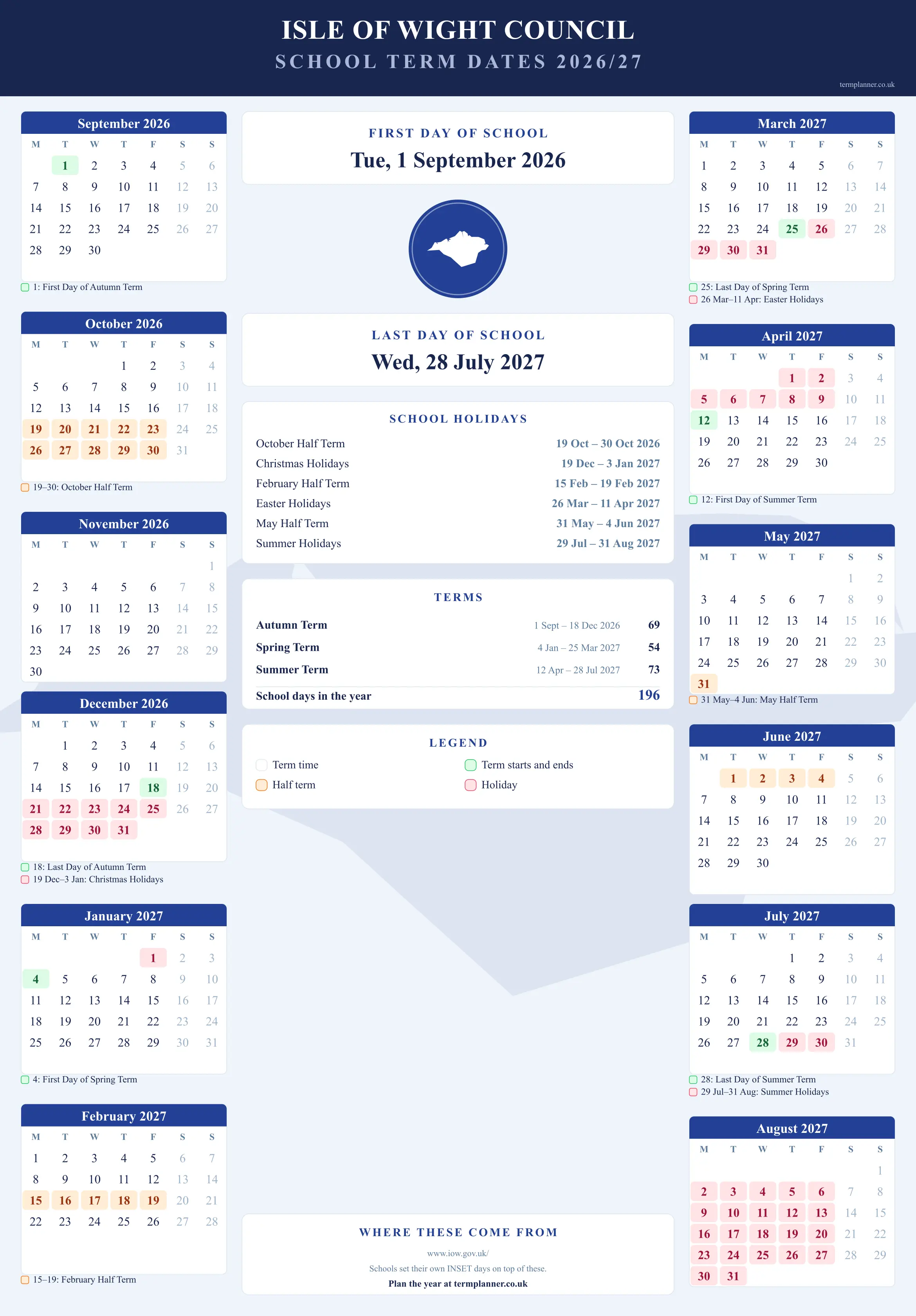 Isle of Wight Council’s 2026/27 school year drawn as a wall calendar: all twelve months from September to August, with autumn term 1 September to 18 December 2026, spring term 4 January to 25 March 2027, summer term 12 April to 28 July 2027. Half terms, holidays and bank holidays are shaded, and each month's dates listed underneath it in words.