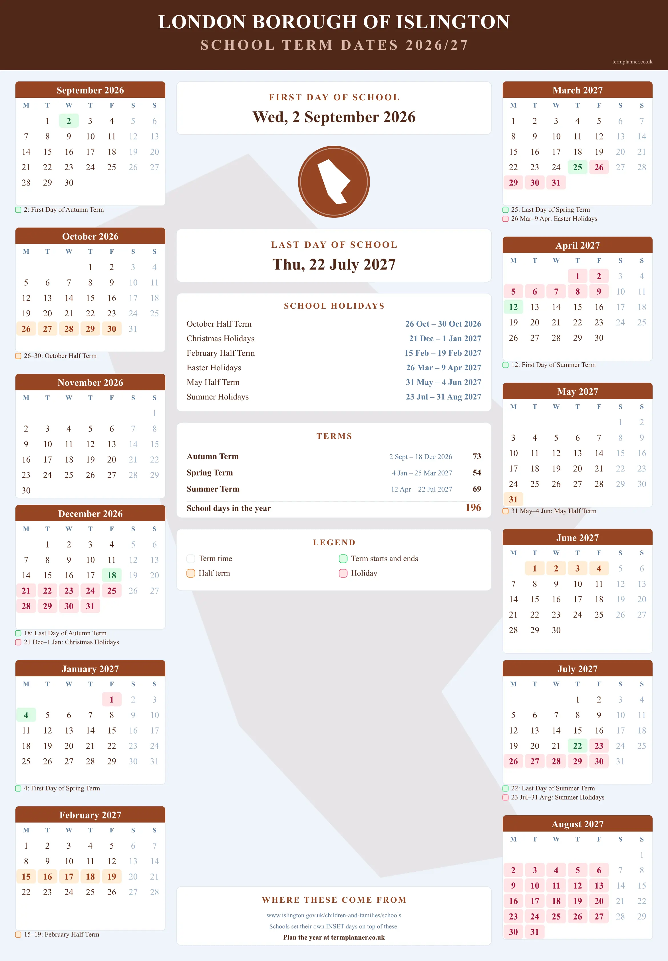 London Borough of Islington’s 2026/27 school year drawn as a wall calendar: all twelve months from September to August, with autumn term 2 September to 18 December 2026, spring term 4 January to 25 March 2027, summer term 12 April to 22 July 2027. Half terms, holidays and bank holidays are shaded, and each month's dates listed underneath it in words.