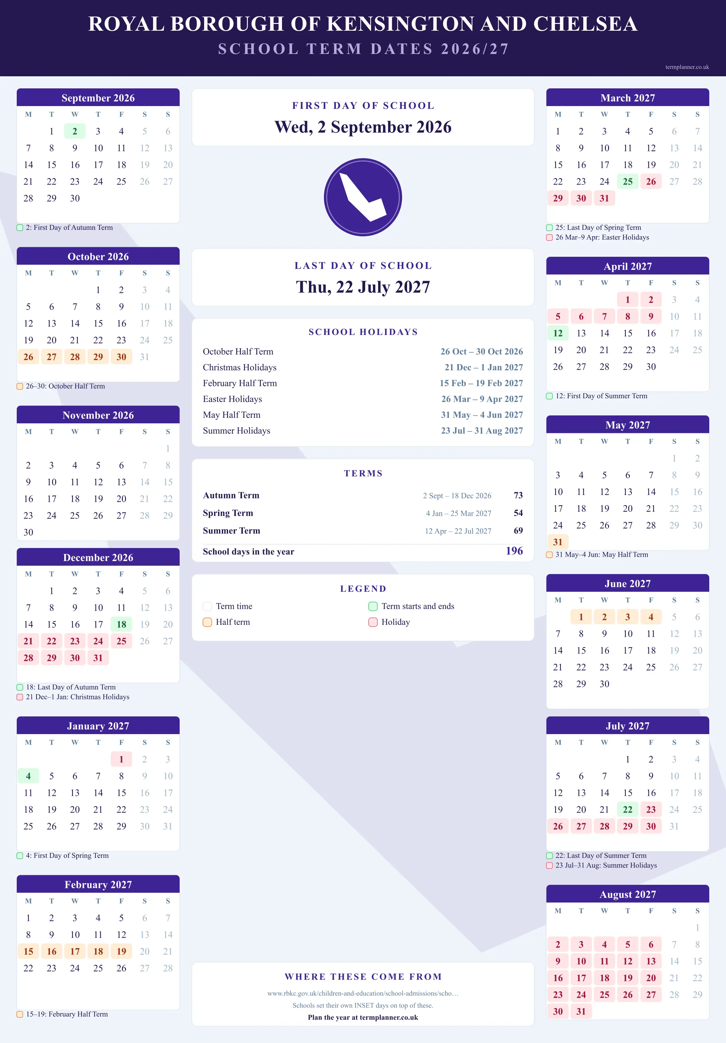 Royal Borough of Kensington and Chelsea’s 2026/27 school year drawn as a wall calendar: all twelve months from September to August, with autumn term 2 September to 18 December 2026, spring term 4 January to 25 March 2027, summer term 12 April to 22 July 2027. Half terms, holidays and bank holidays are shaded, and each month's dates listed underneath it in words.
