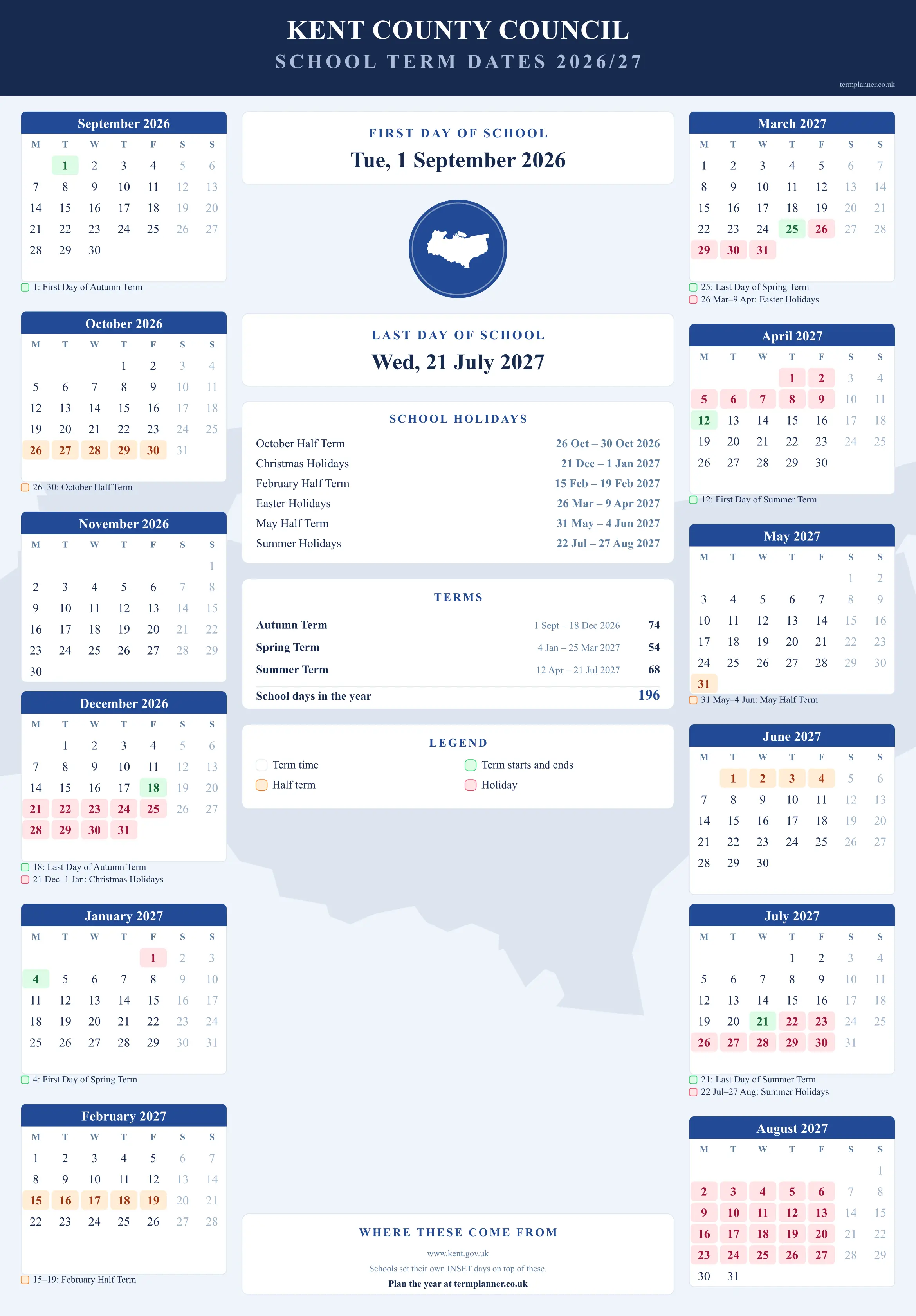 Kent County Council’s 2026/27 school year drawn as a wall calendar: all twelve months from September to August, with autumn term 1 September to 18 December 2026, spring term 4 January to 25 March 2027, summer term 12 April to 21 July 2027. Half terms, holidays and bank holidays are shaded, and each month's dates listed underneath it in words.