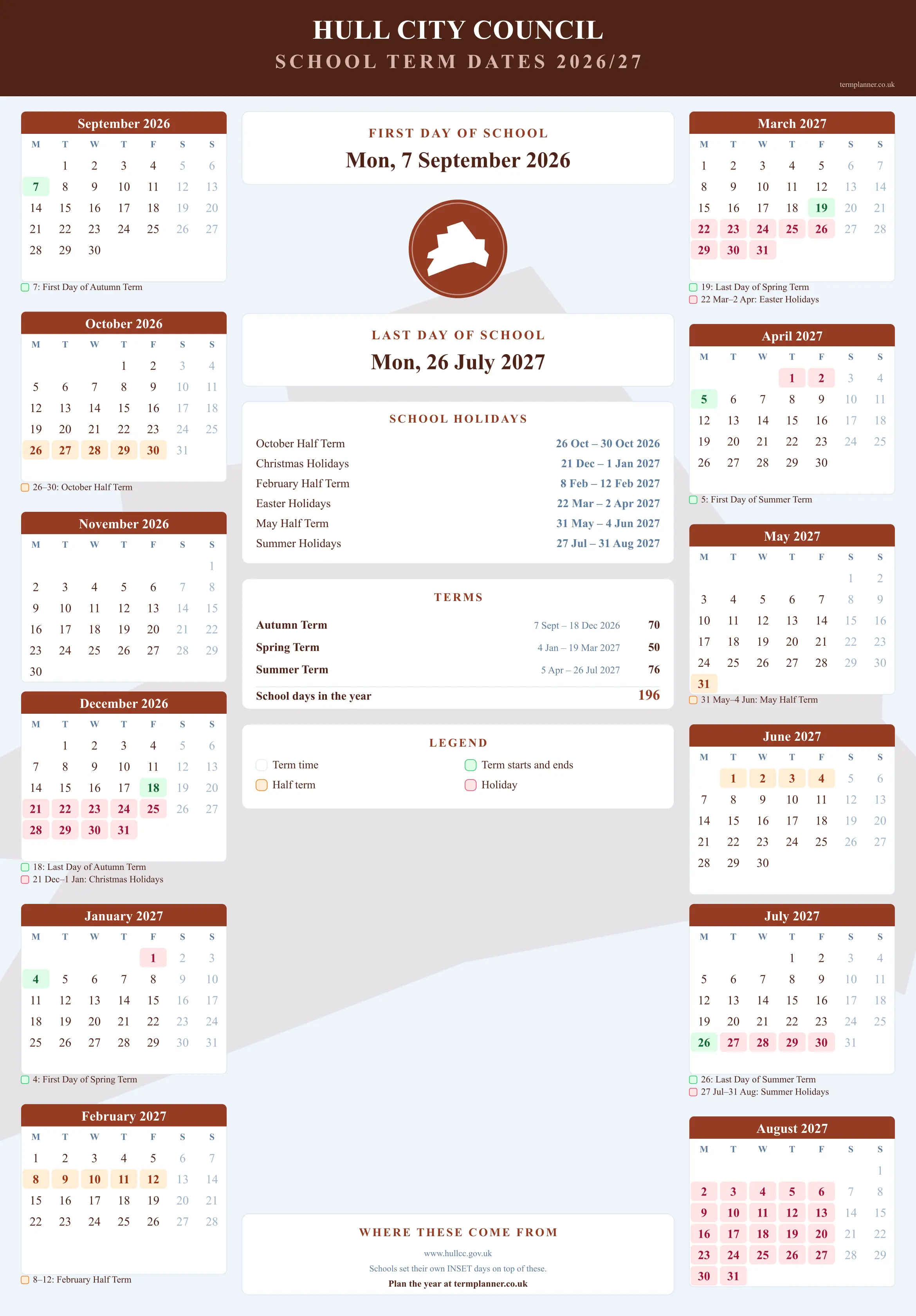 Hull City Council’s 2026/27 school year drawn as a wall calendar: all twelve months from September to August, with autumn term 7 September to 18 December 2026, spring term 4 January to 19 March 2027, summer term 5 April to 26 July 2027. Half terms, holidays and bank holidays are shaded, and each month's dates listed underneath it in words.