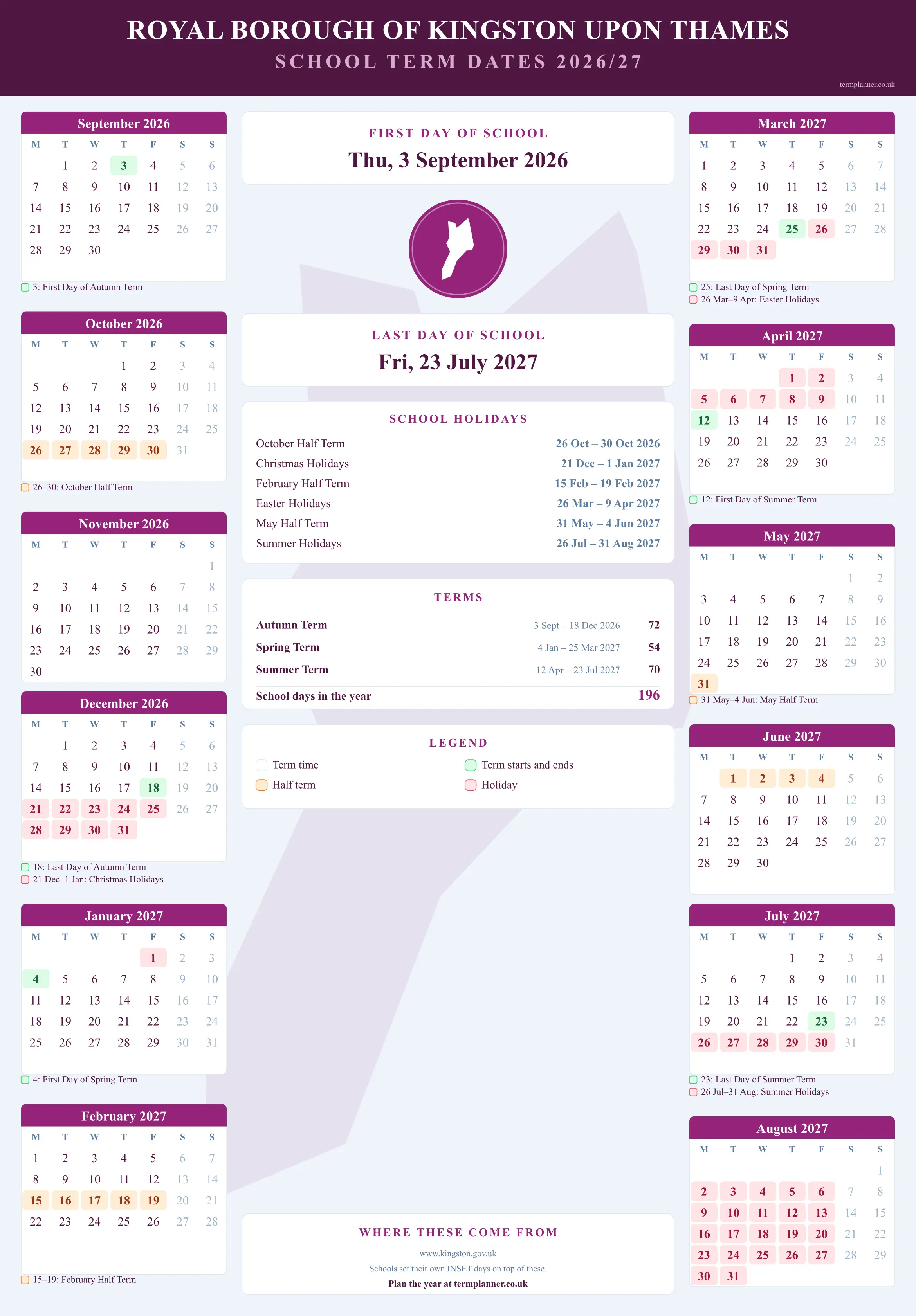 Royal Borough of Kingston upon Thames’s 2026/27 school year drawn as a wall calendar: all twelve months from September to August, with autumn term 3 September to 18 December 2026, spring term 4 January to 25 March 2027, summer term 12 April to 23 July 2027. Half terms, holidays and bank holidays are shaded, and each month's dates listed underneath it in words.