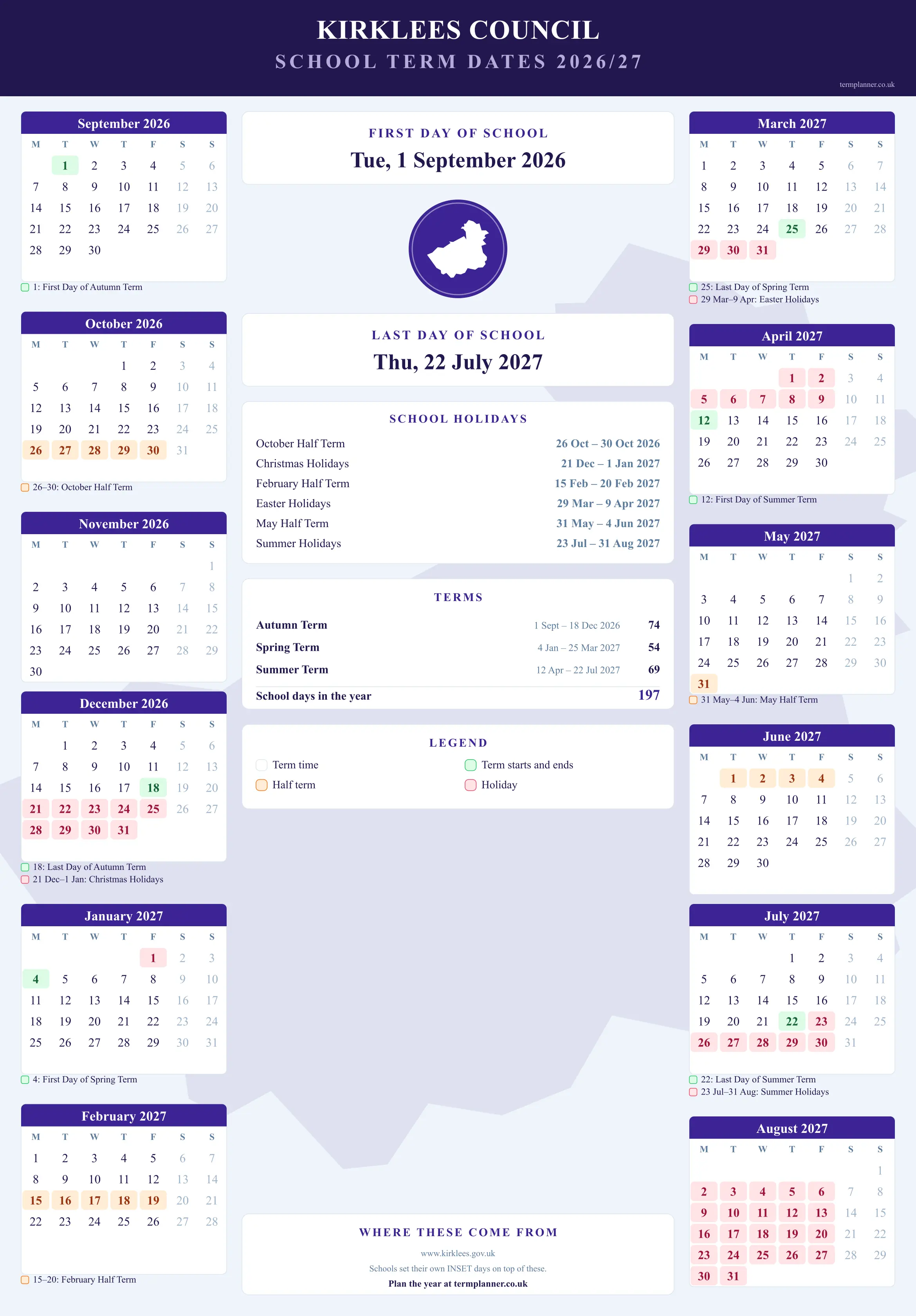 Kirklees Council’s 2026/27 school year drawn as a wall calendar: all twelve months from September to August, with autumn term 1 September to 18 December 2026, spring term 4 January to 25 March 2027, summer term 12 April to 22 July 2027. Half terms, holidays and bank holidays are shaded, and each month's dates listed underneath it in words.