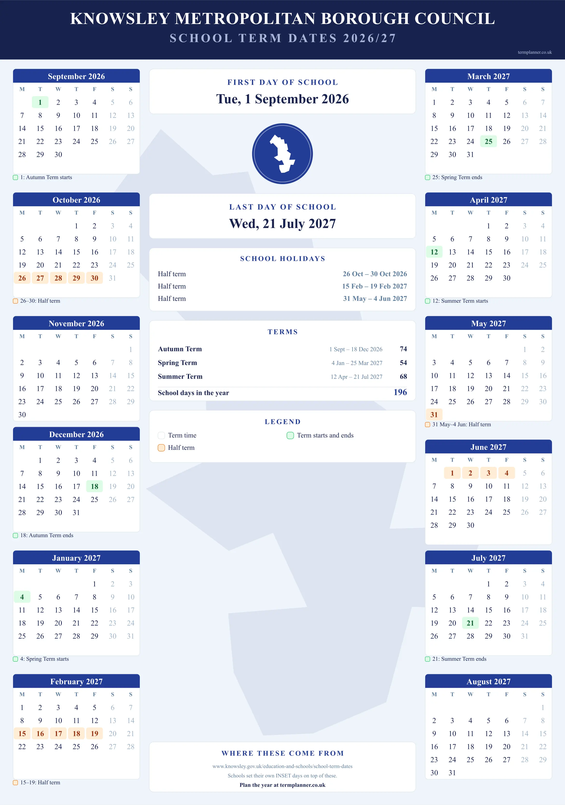 Knowsley Metropolitan Borough Council’s 2026/27 school year drawn as a wall calendar: all twelve months from September to August, with autumn term 1 September to 18 December 2026, spring term 4 January to 25 March 2027, summer term 12 April to 21 July 2027. Half terms, holidays and bank holidays are shaded, and each month's dates listed underneath it in words.