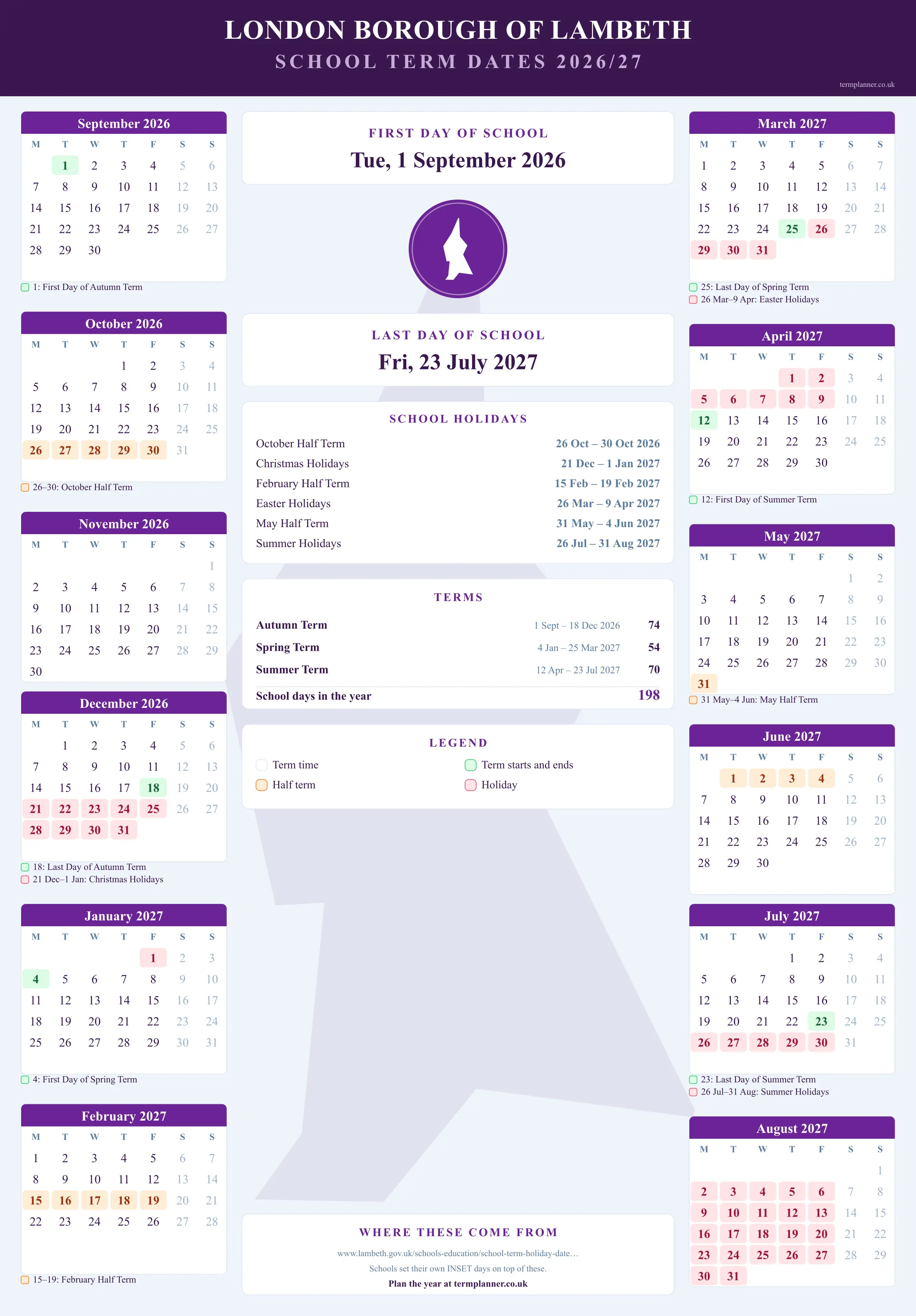 London Borough of Lambeth’s 2026/27 school year drawn as a wall calendar: all twelve months from September to August, with autumn term 1 September to 18 December 2026, spring term 4 January to 25 March 2027, summer term 12 April to 23 July 2027. Half terms, holidays and bank holidays are shaded, and each month's dates listed underneath it in words.