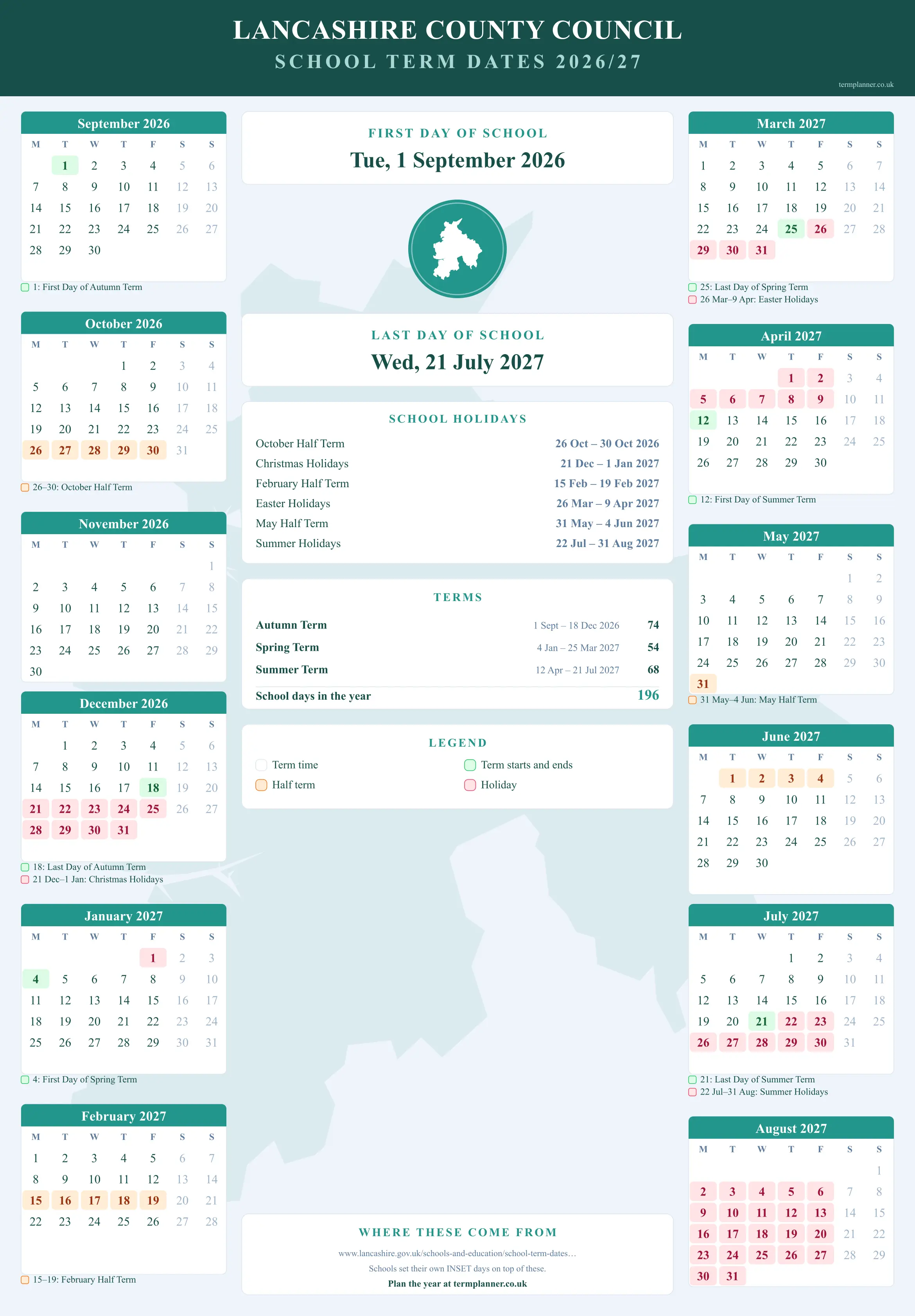 Lancashire County Council’s 2026/27 school year drawn as a wall calendar: all twelve months from September to August, with autumn term 1 September to 18 December 2026, spring term 4 January to 25 March 2027, summer term 12 April to 21 July 2027. Half terms, holidays and bank holidays are shaded, and each month's dates listed underneath it in words.