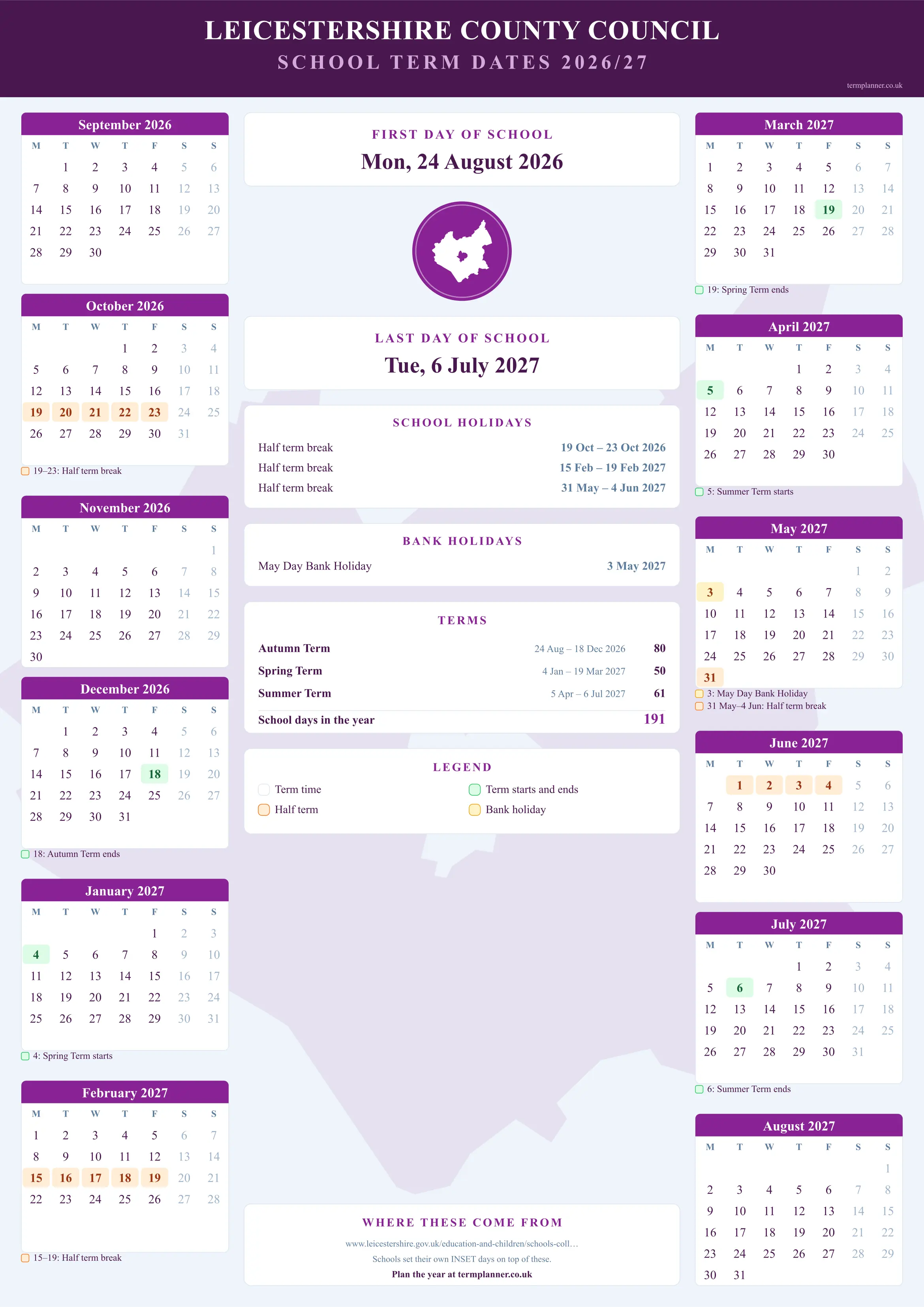 Leicestershire County Council’s 2026/27 school year drawn as a wall calendar: all twelve months from September to August, with autumn term 24 August to 18 December 2026, spring term 4 January to 19 March 2027, summer term 5 April to 6 July 2027. Half terms, holidays and bank holidays are shaded, and each month's dates listed underneath it in words.