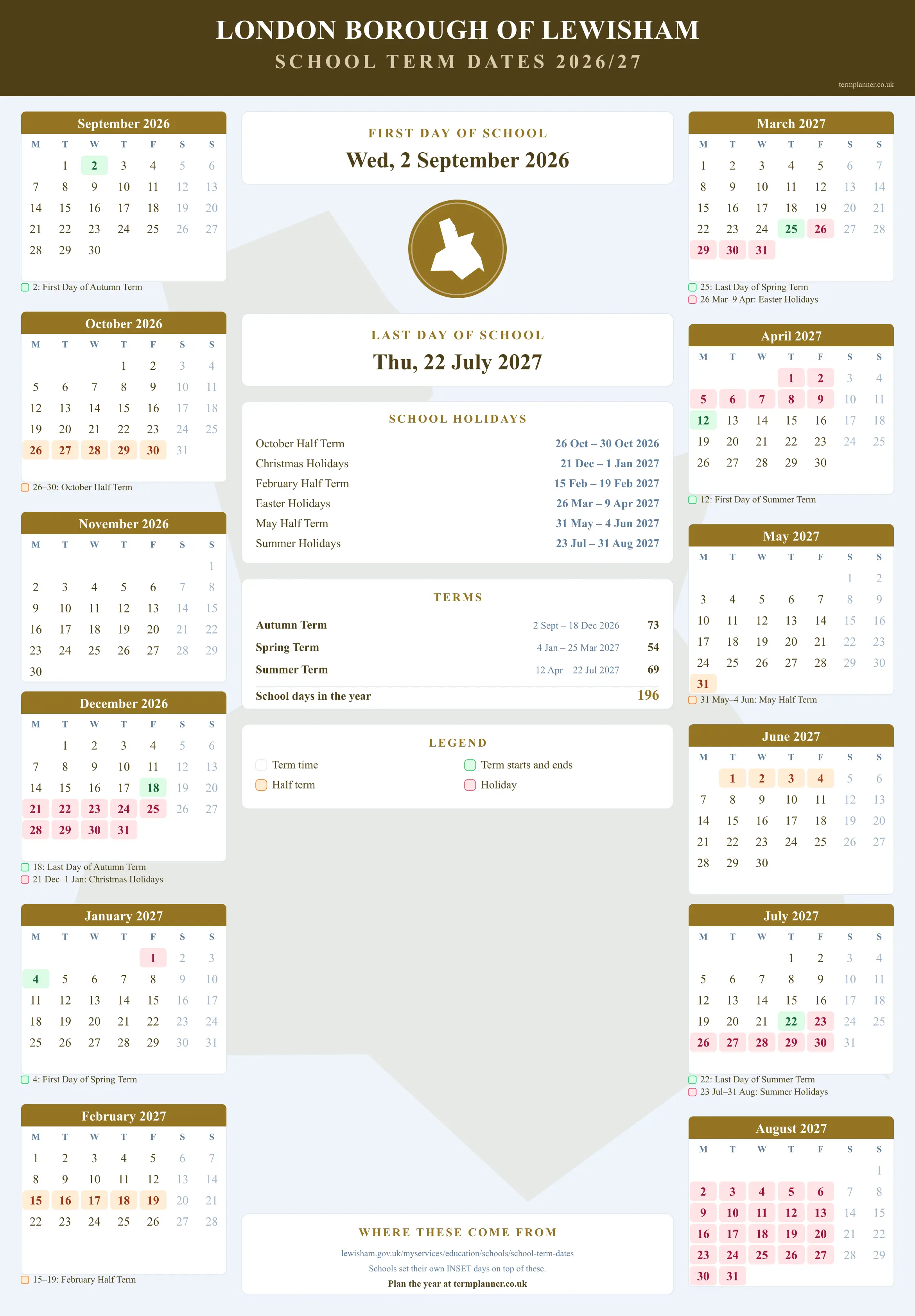 London Borough of Lewisham’s 2026/27 school year drawn as a wall calendar: all twelve months from September to August, with autumn term 2 September to 18 December 2026, spring term 4 January to 25 March 2027, summer term 12 April to 22 July 2027. Half terms, holidays and bank holidays are shaded, and each month's dates listed underneath it in words.