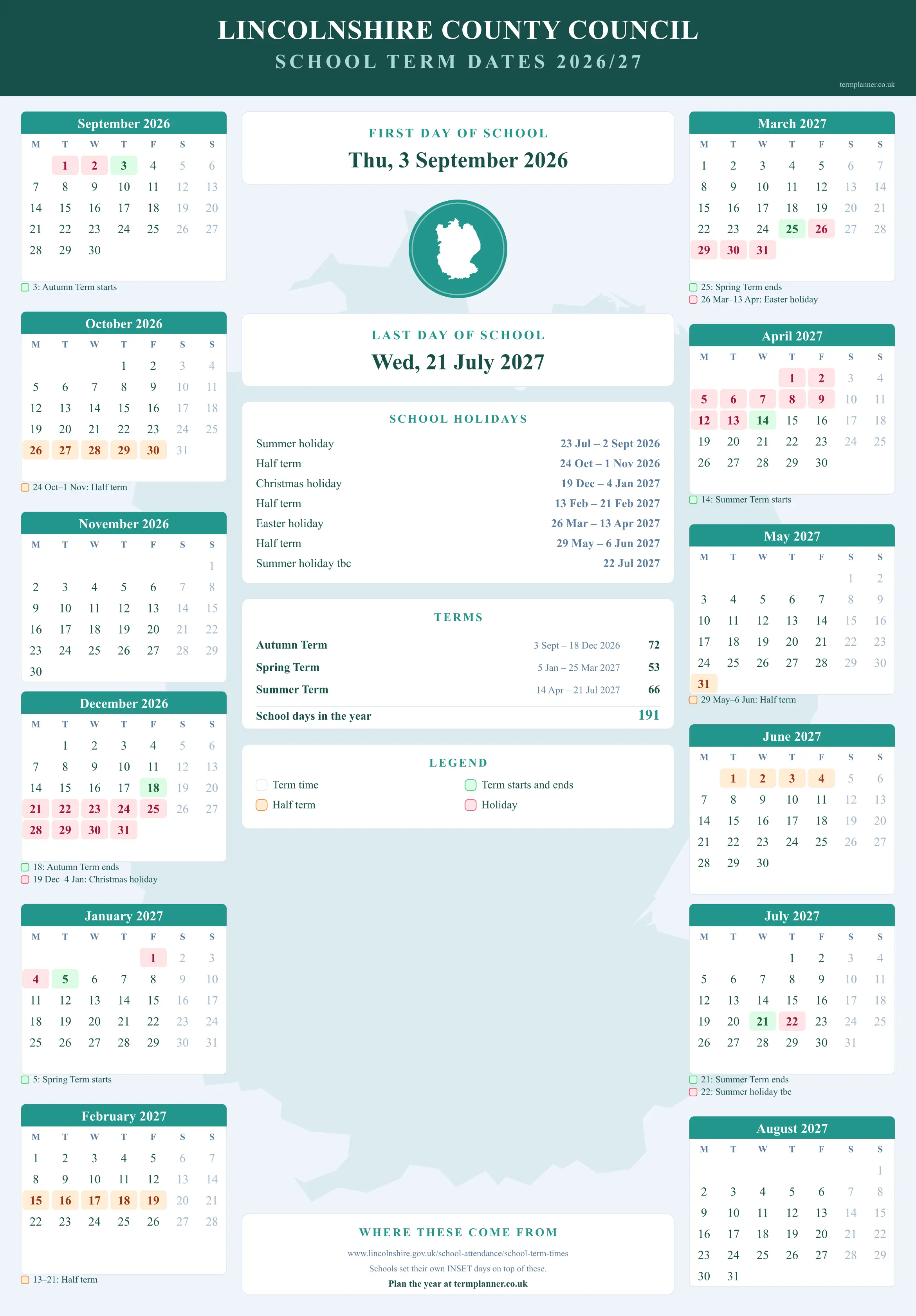 Lincolnshire County Council’s 2026/27 school year drawn as a wall calendar: all twelve months from September to August, with autumn term 3 September to 18 December 2026, spring term 5 January to 25 March 2027, summer term 14 April to 21 July 2027. Half terms, holidays and bank holidays are shaded, and each month's dates listed underneath it in words.