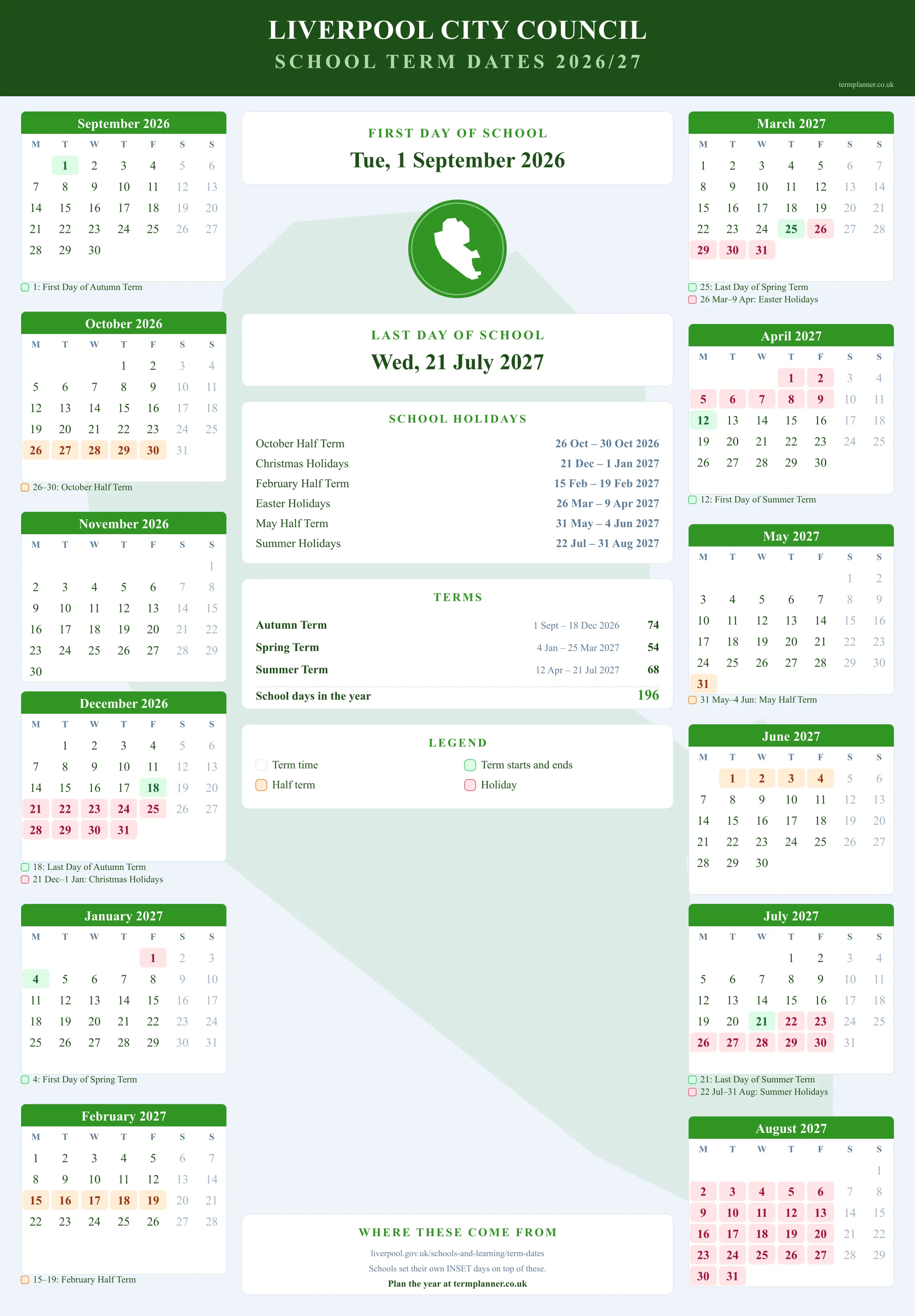Liverpool City Council’s 2026/27 school year drawn as a wall calendar: all twelve months from September to August, with autumn term 1 September to 18 December 2026, spring term 4 January to 25 March 2027, summer term 12 April to 21 July 2027. Half terms, holidays and bank holidays are shaded, and each month's dates listed underneath it in words.