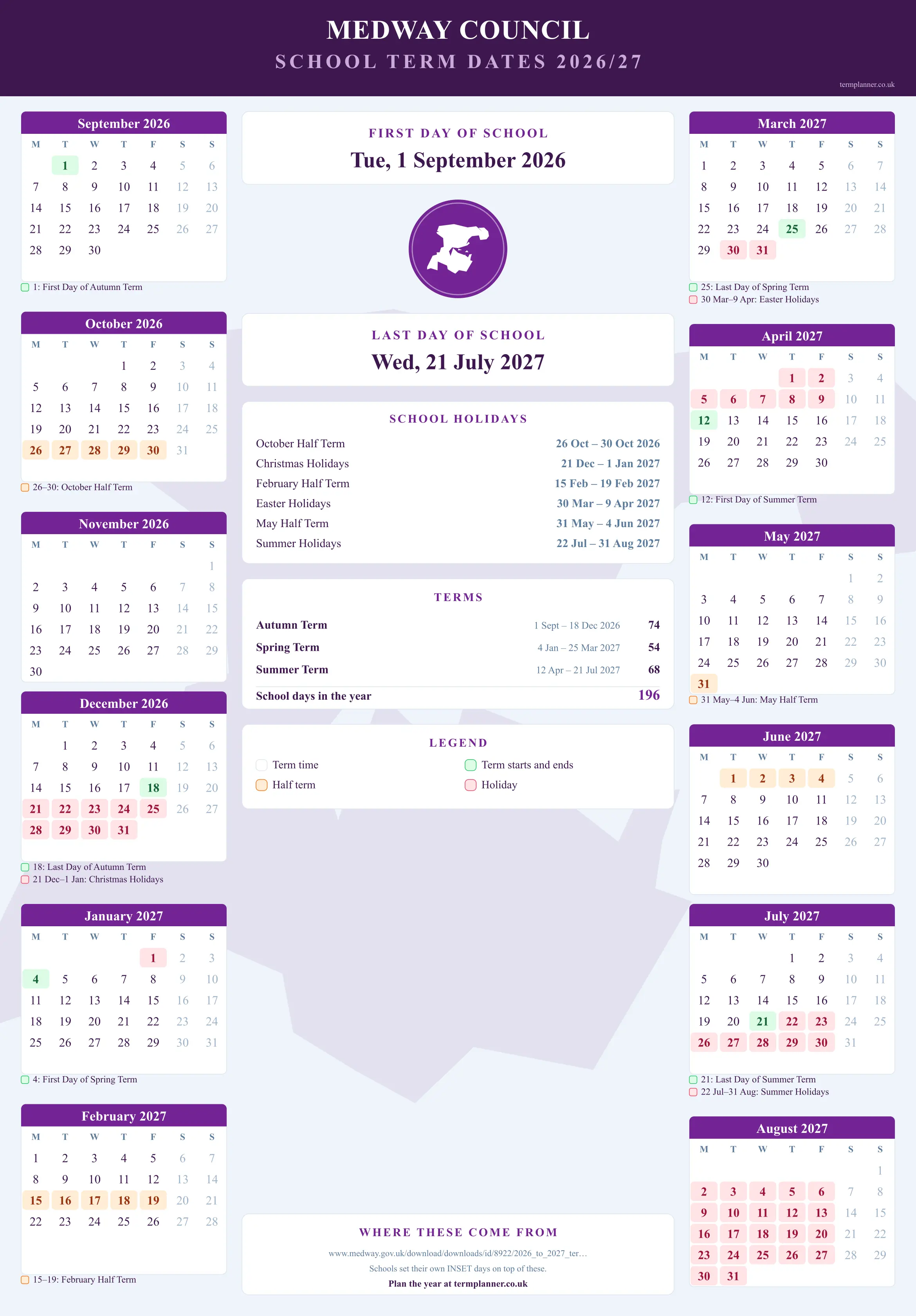 Medway Council’s 2026/27 school year drawn as a wall calendar: all twelve months from September to August, with autumn term 1 September to 18 December 2026, spring term 4 January to 25 March 2027, summer term 12 April to 21 July 2027. Half terms, holidays and bank holidays are shaded, and each month's dates listed underneath it in words.