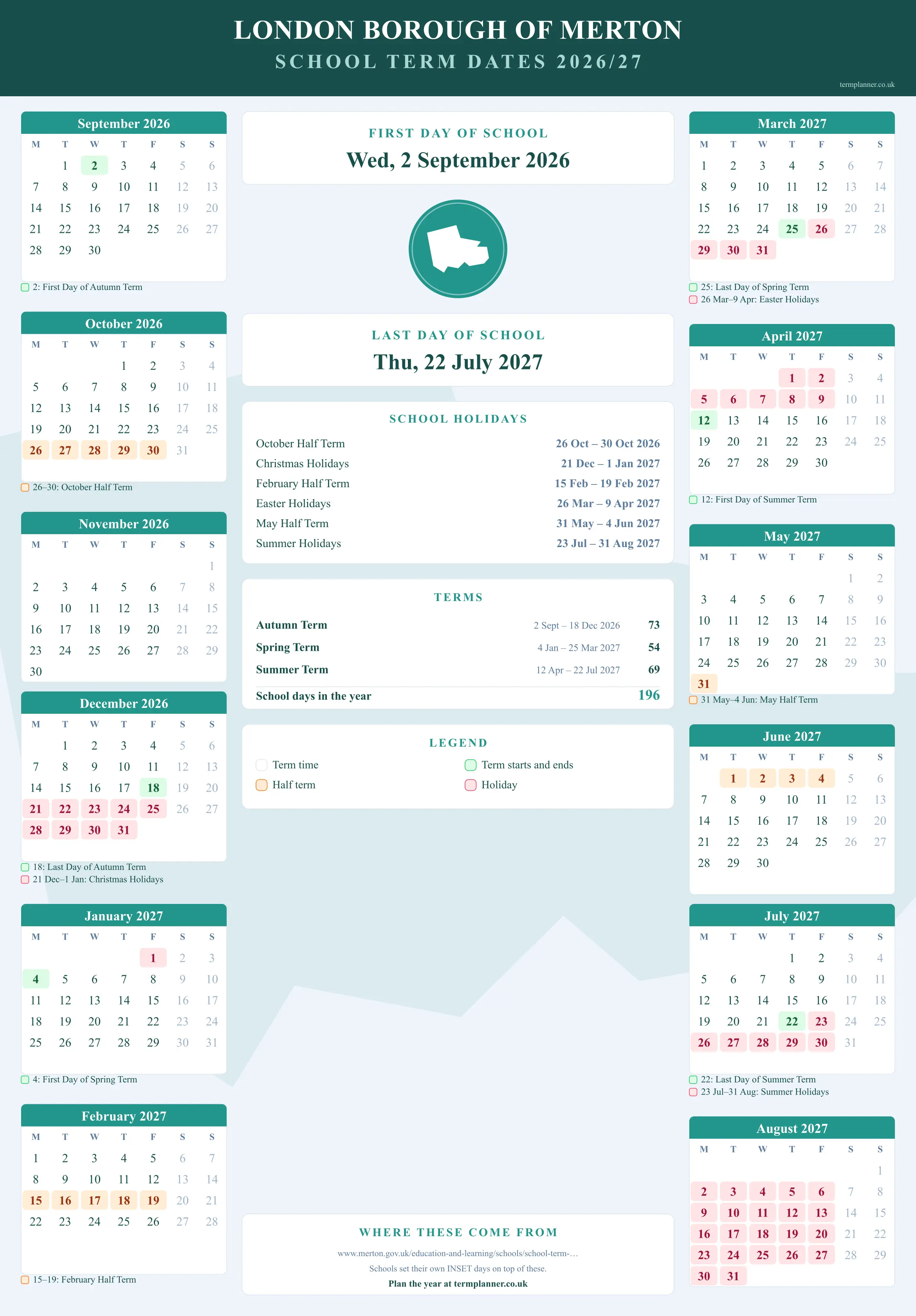 London Borough of Merton’s 2026/27 school year drawn as a wall calendar: all twelve months from September to August, with autumn term 2 September to 18 December 2026, spring term 4 January to 25 March 2027, summer term 12 April to 22 July 2027. Half terms, holidays and bank holidays are shaded, and each month's dates listed underneath it in words.