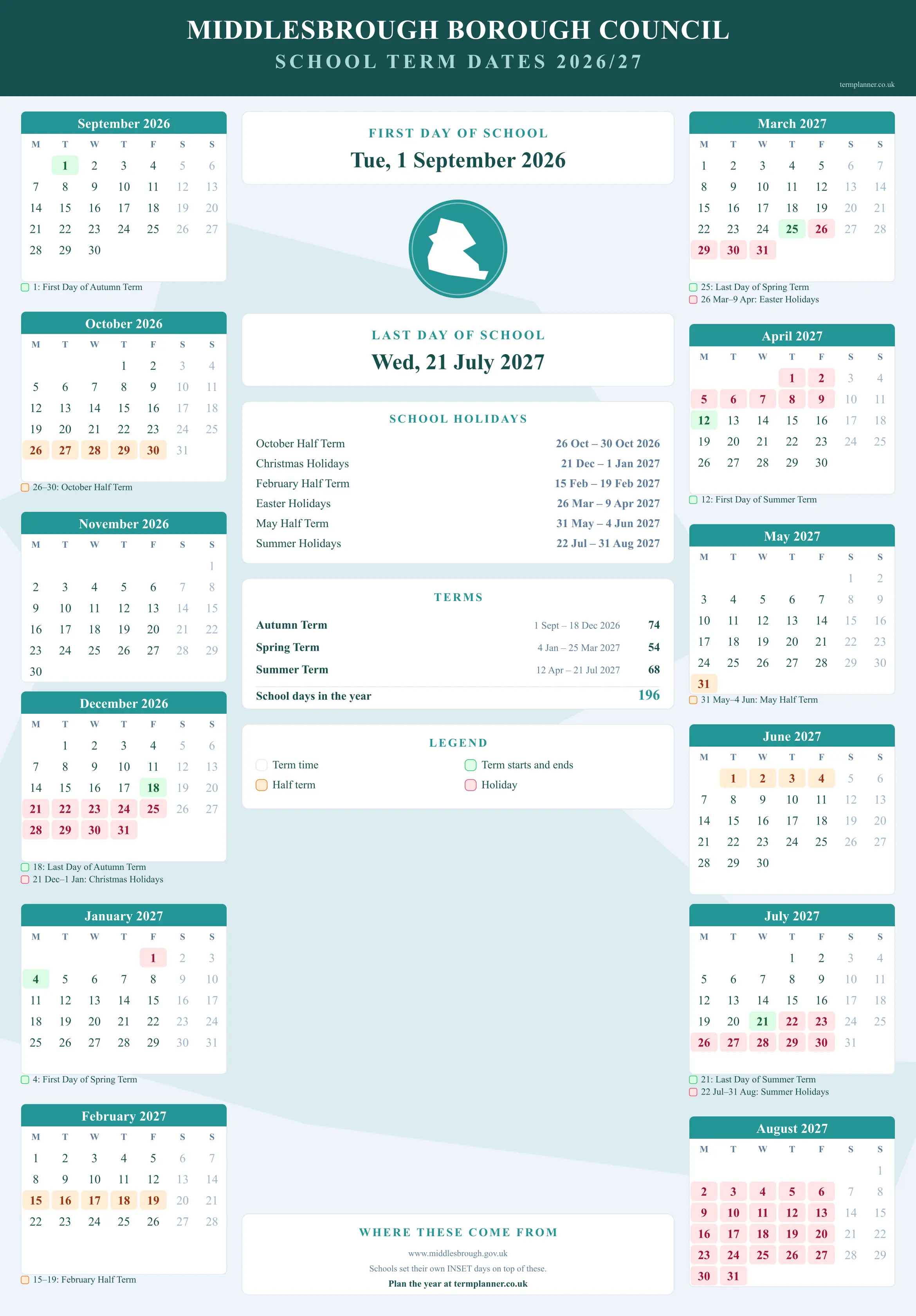 Middlesbrough Borough Council’s 2026/27 school year drawn as a wall calendar: all twelve months from September to August, with autumn term 1 September to 18 December 2026, spring term 4 January to 25 March 2027, summer term 12 April to 21 July 2027. Half terms, holidays and bank holidays are shaded, and each month's dates listed underneath it in words.