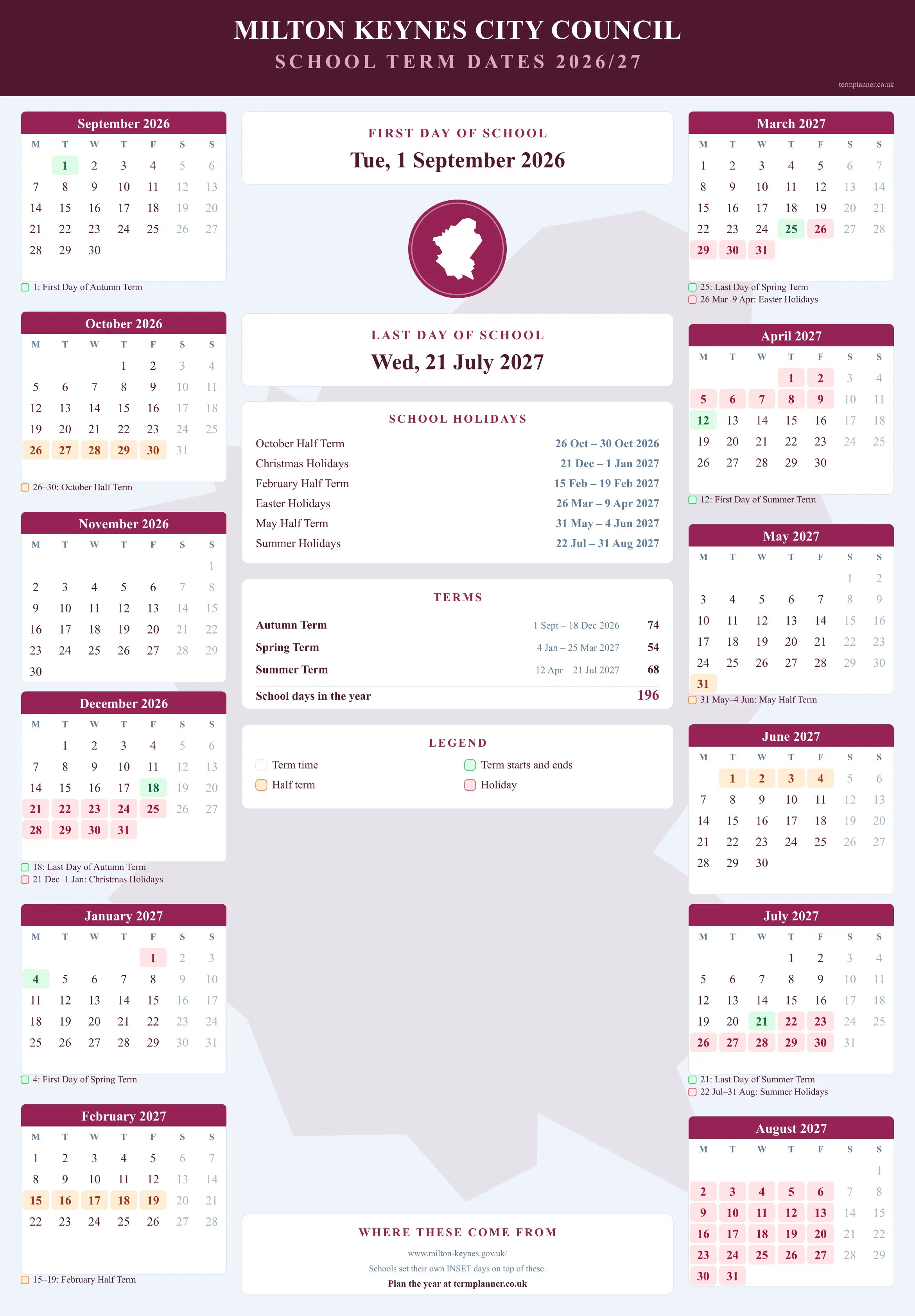 Milton Keynes City Council’s 2026/27 school year drawn as a wall calendar: all twelve months from September to August, with autumn term 1 September to 18 December 2026, spring term 4 January to 25 March 2027, summer term 12 April to 21 July 2027. Half terms, holidays and bank holidays are shaded, and each month's dates listed underneath it in words.