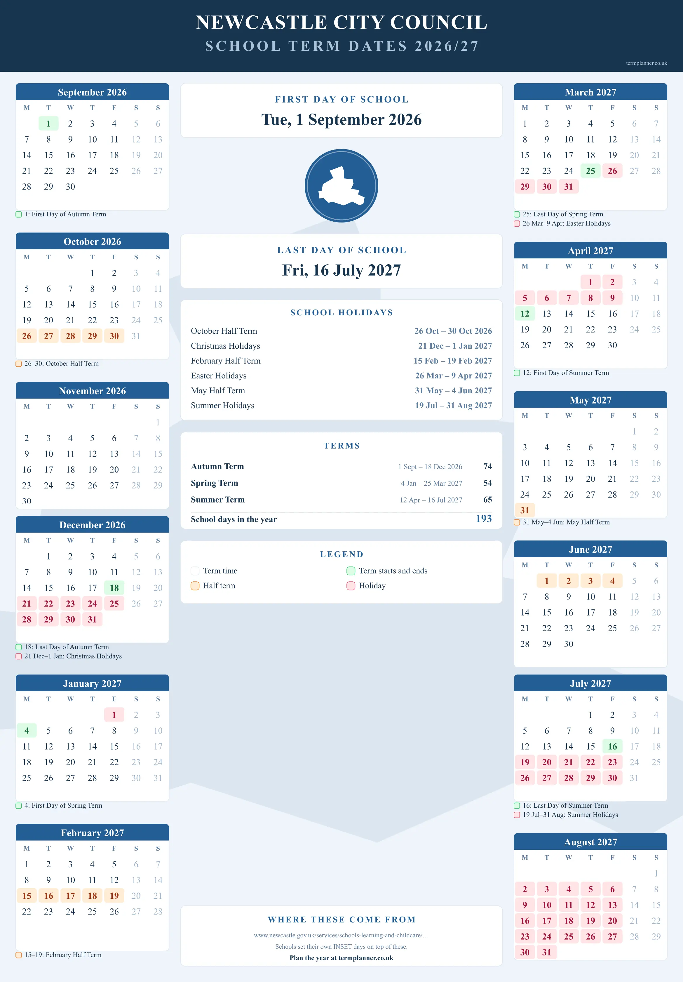 Newcastle City Council’s 2026/27 school year drawn as a wall calendar: all twelve months from September to August, with autumn term 1 September to 18 December 2026, spring term 4 January to 25 March 2027, summer term 12 April to 16 July 2027. Half terms, holidays and bank holidays are shaded, and each month's dates listed underneath it in words.