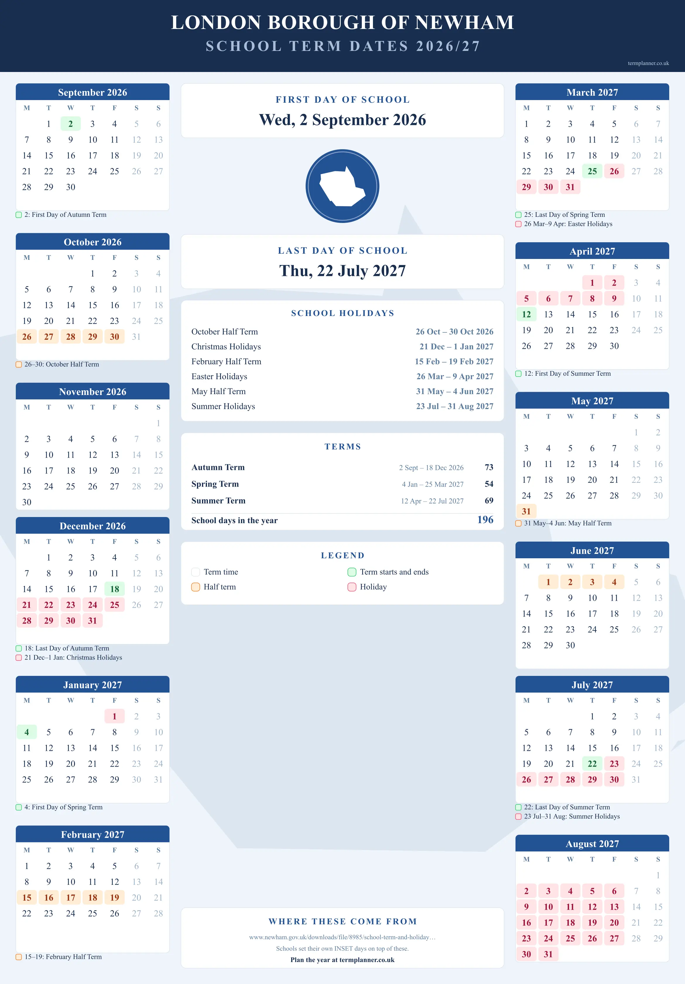 London Borough of Newham’s 2026/27 school year drawn as a wall calendar: all twelve months from September to August, with autumn term 2 September to 18 December 2026, spring term 4 January to 25 March 2027, summer term 12 April to 22 July 2027. Half terms, holidays and bank holidays are shaded, and each month's dates listed underneath it in words.