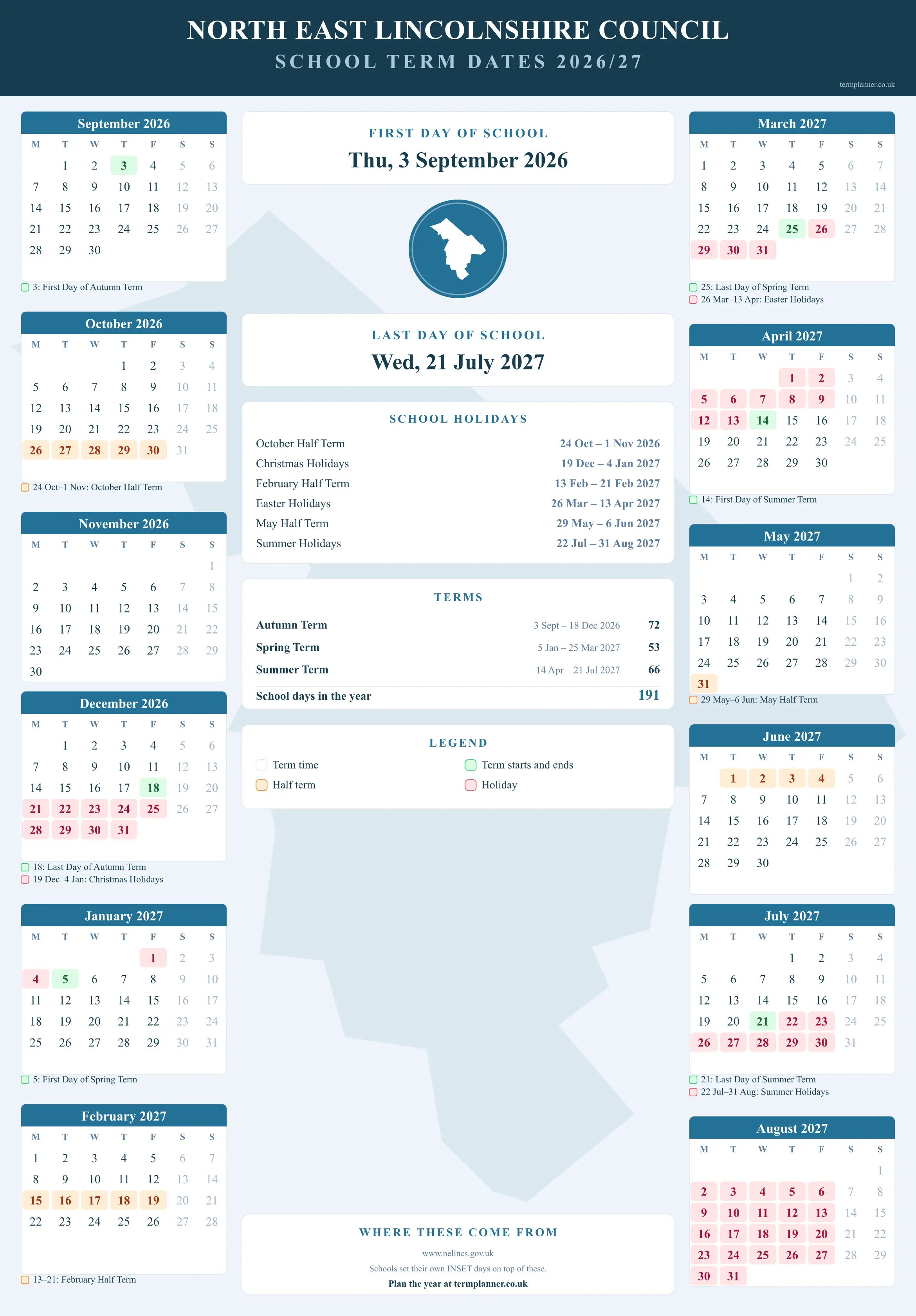 North East Lincolnshire Council’s 2026/27 school year drawn as a wall calendar: all twelve months from September to August, with autumn term 3 September to 18 December 2026, spring term 5 January to 25 March 2027, summer term 14 April to 21 July 2027. Half terms, holidays and bank holidays are shaded, and each month's dates listed underneath it in words.