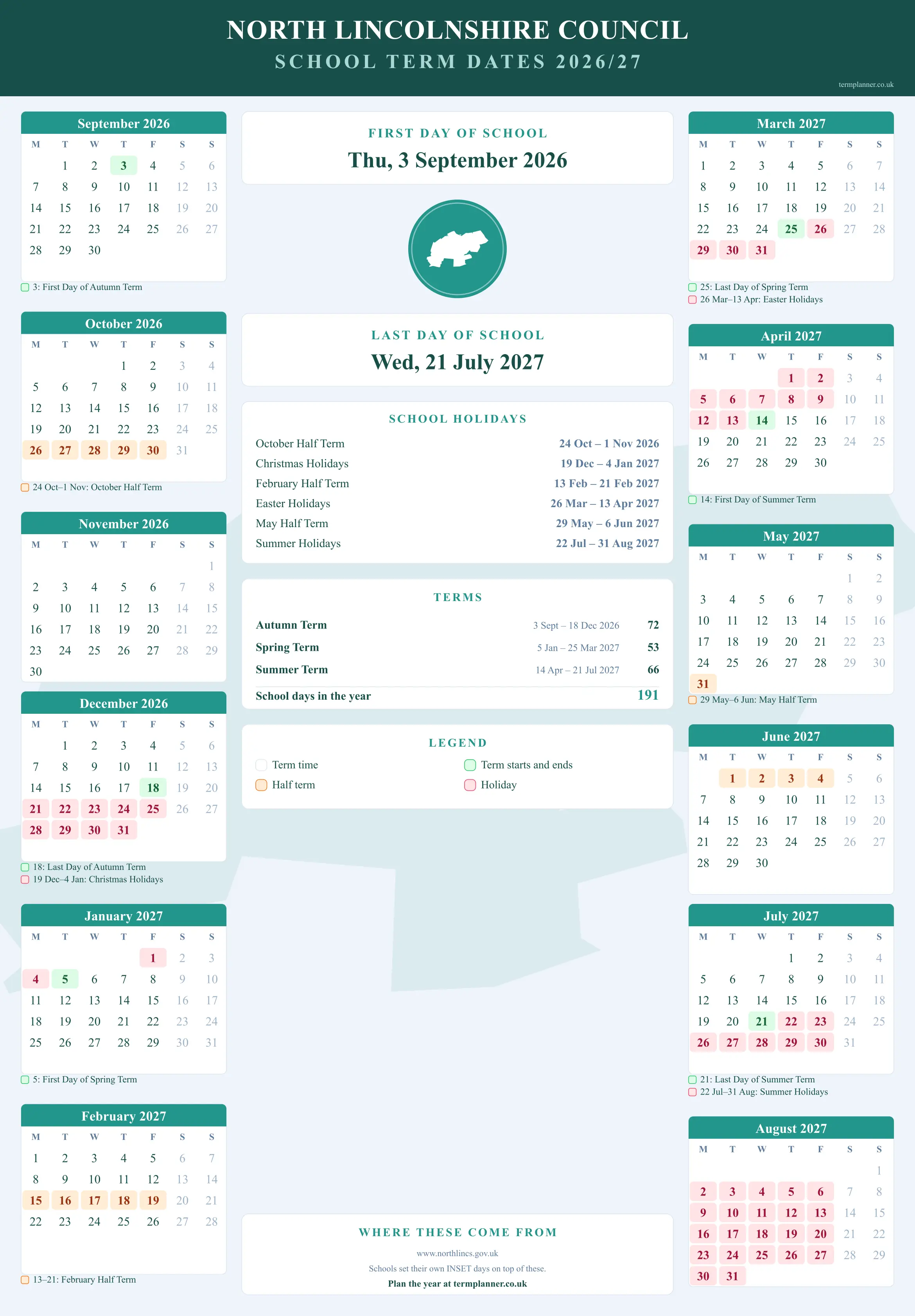 North Lincolnshire Council’s 2026/27 school year drawn as a wall calendar: all twelve months from September to August, with autumn term 3 September to 18 December 2026, spring term 5 January to 25 March 2027, summer term 14 April to 21 July 2027. Half terms, holidays and bank holidays are shaded, and each month's dates listed underneath it in words.