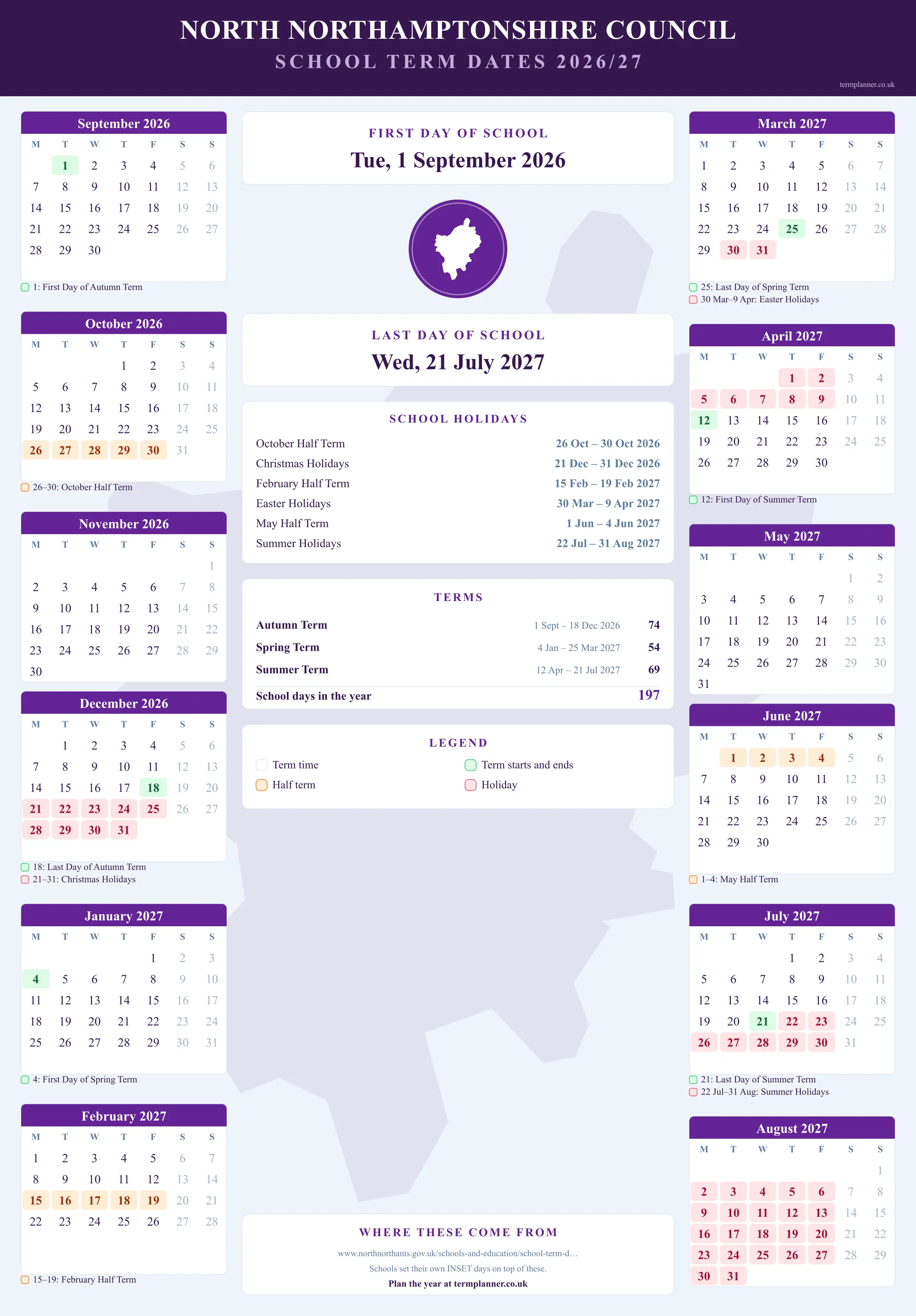 North Northamptonshire Council’s 2026/27 school year drawn as a wall calendar: all twelve months from September to August, with autumn term 1 September to 18 December 2026, spring term 4 January to 25 March 2027, summer term 12 April to 21 July 2027. Half terms, holidays and bank holidays are shaded, and each month's dates listed underneath it in words.