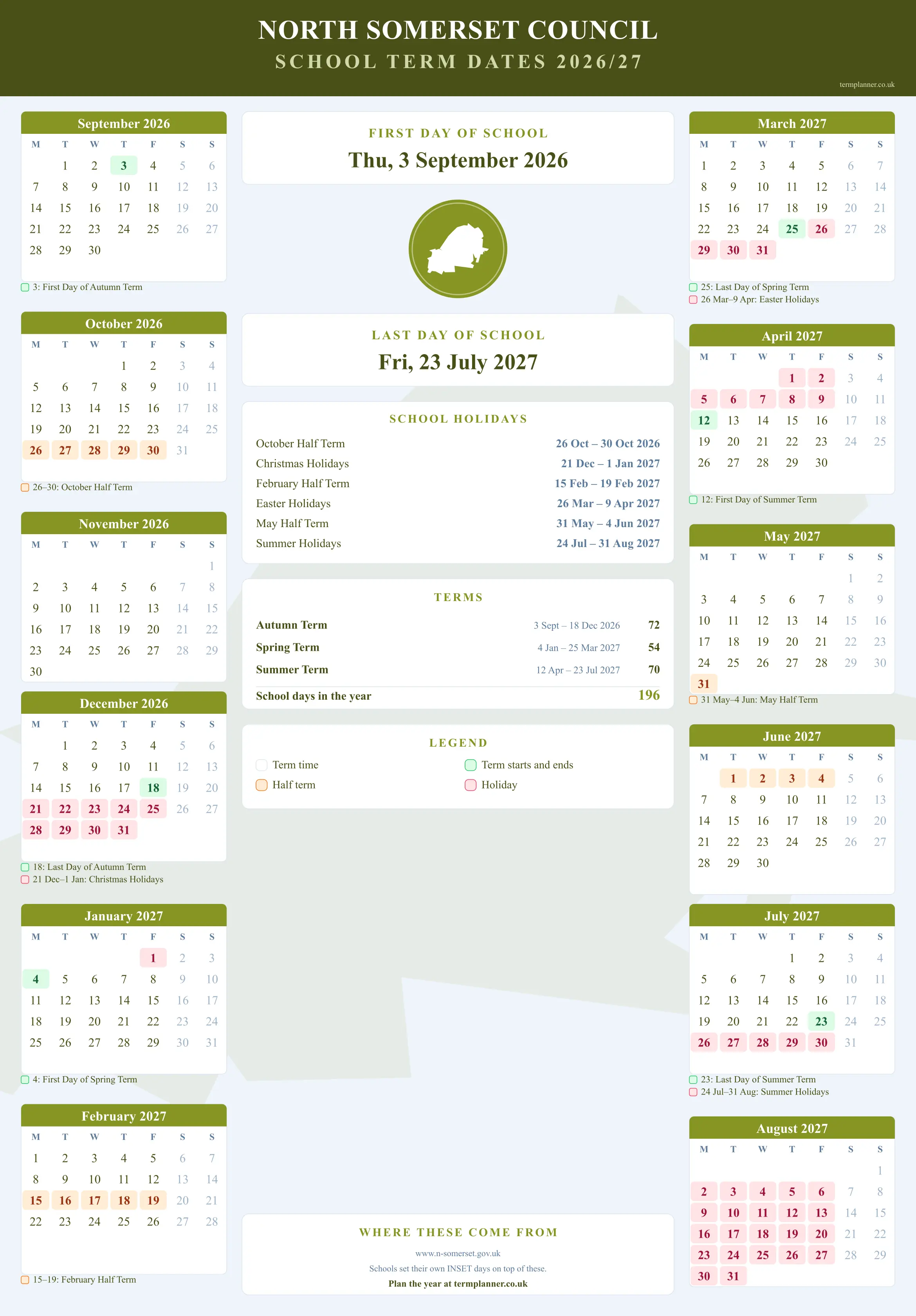 North Somerset Council’s 2026/27 school year drawn as a wall calendar: all twelve months from September to August, with autumn term 3 September to 18 December 2026, spring term 4 January to 25 March 2027, summer term 12 April to 23 July 2027. Half terms, holidays and bank holidays are shaded, and each month's dates listed underneath it in words.