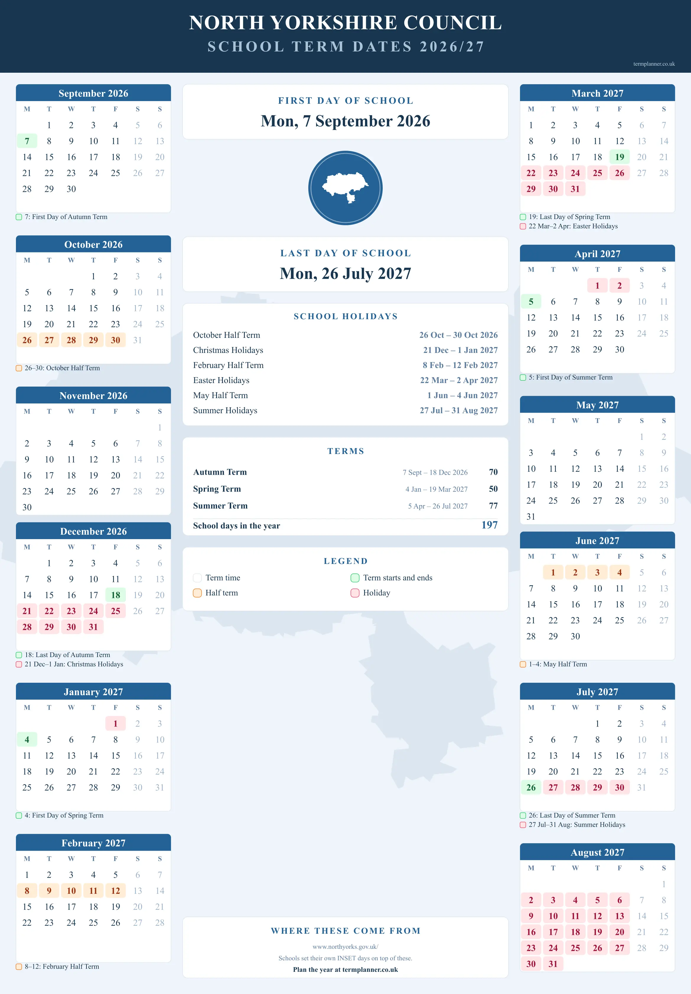 North Yorkshire Council’s 2026/27 school year drawn as a wall calendar: all twelve months from September to August, with autumn term 7 September to 18 December 2026, spring term 4 January to 19 March 2027, summer term 5 April to 26 July 2027. Half terms, holidays and bank holidays are shaded, and each month's dates listed underneath it in words.