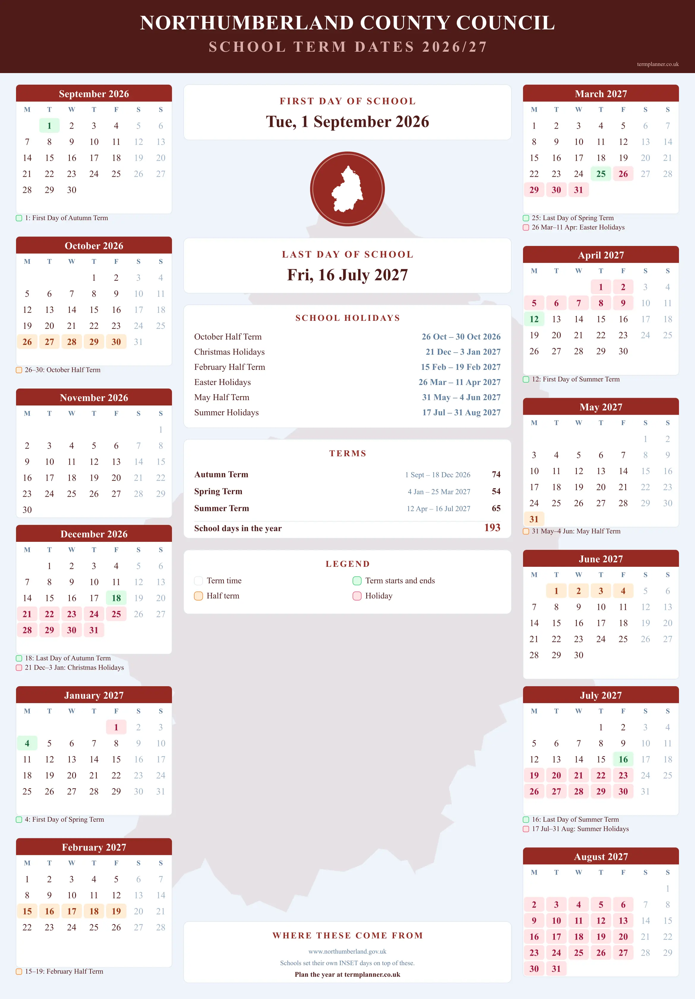 Northumberland County Council’s 2026/27 school year drawn as a wall calendar: all twelve months from September to August, with autumn term 1 September to 18 December 2026, spring term 4 January to 25 March 2027, summer term 12 April to 16 July 2027. Half terms, holidays and bank holidays are shaded, and each month's dates listed underneath it in words.