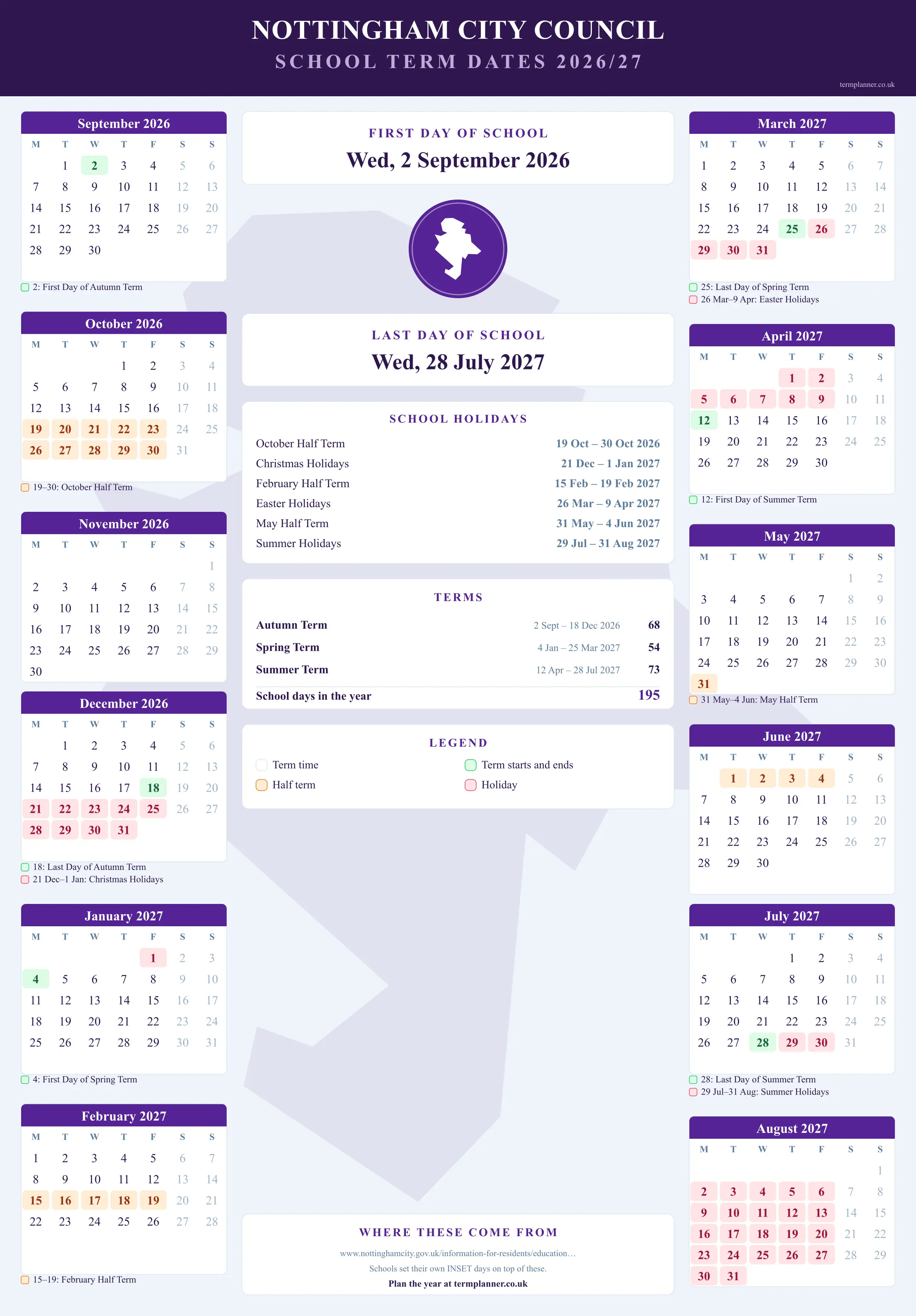 Nottingham City Council’s 2026/27 school year drawn as a wall calendar: all twelve months from September to August, with autumn term 2 September to 18 December 2026, spring term 4 January to 25 March 2027, summer term 12 April to 28 July 2027. Half terms, holidays and bank holidays are shaded, and each month's dates listed underneath it in words.