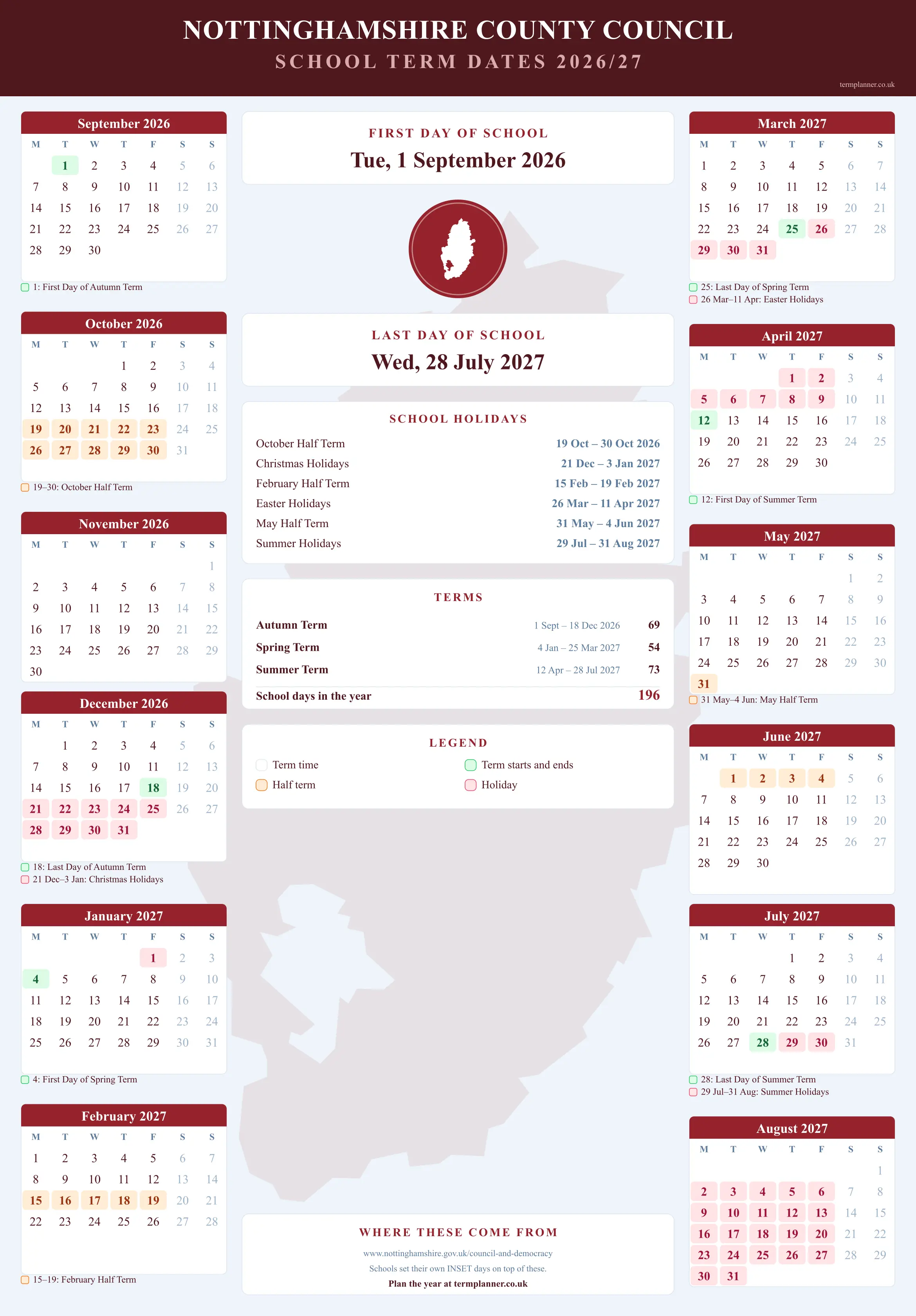 Nottinghamshire County Council’s 2026/27 school year drawn as a wall calendar: all twelve months from September to August, with autumn term 1 September to 18 December 2026, spring term 4 January to 25 March 2027, summer term 12 April to 28 July 2027. Half terms, holidays and bank holidays are shaded, and each month's dates listed underneath it in words.