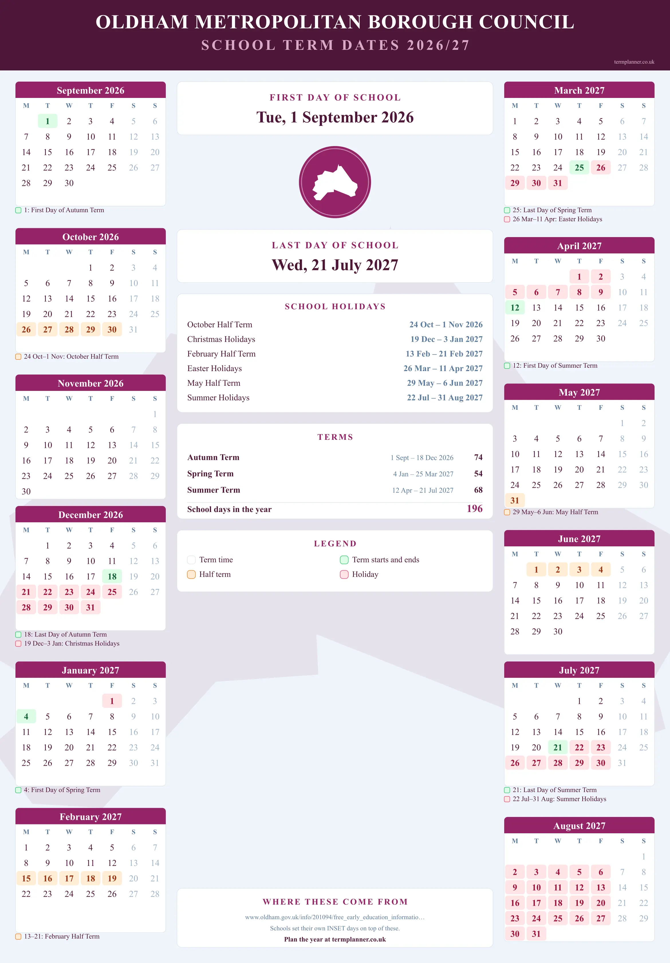 Oldham Metropolitan Borough Council’s 2026/27 school year drawn as a wall calendar: all twelve months from September to August, with autumn term 1 September to 18 December 2026, spring term 4 January to 25 March 2027, summer term 12 April to 21 July 2027. Half terms, holidays and bank holidays are shaded, and each month's dates listed underneath it in words.