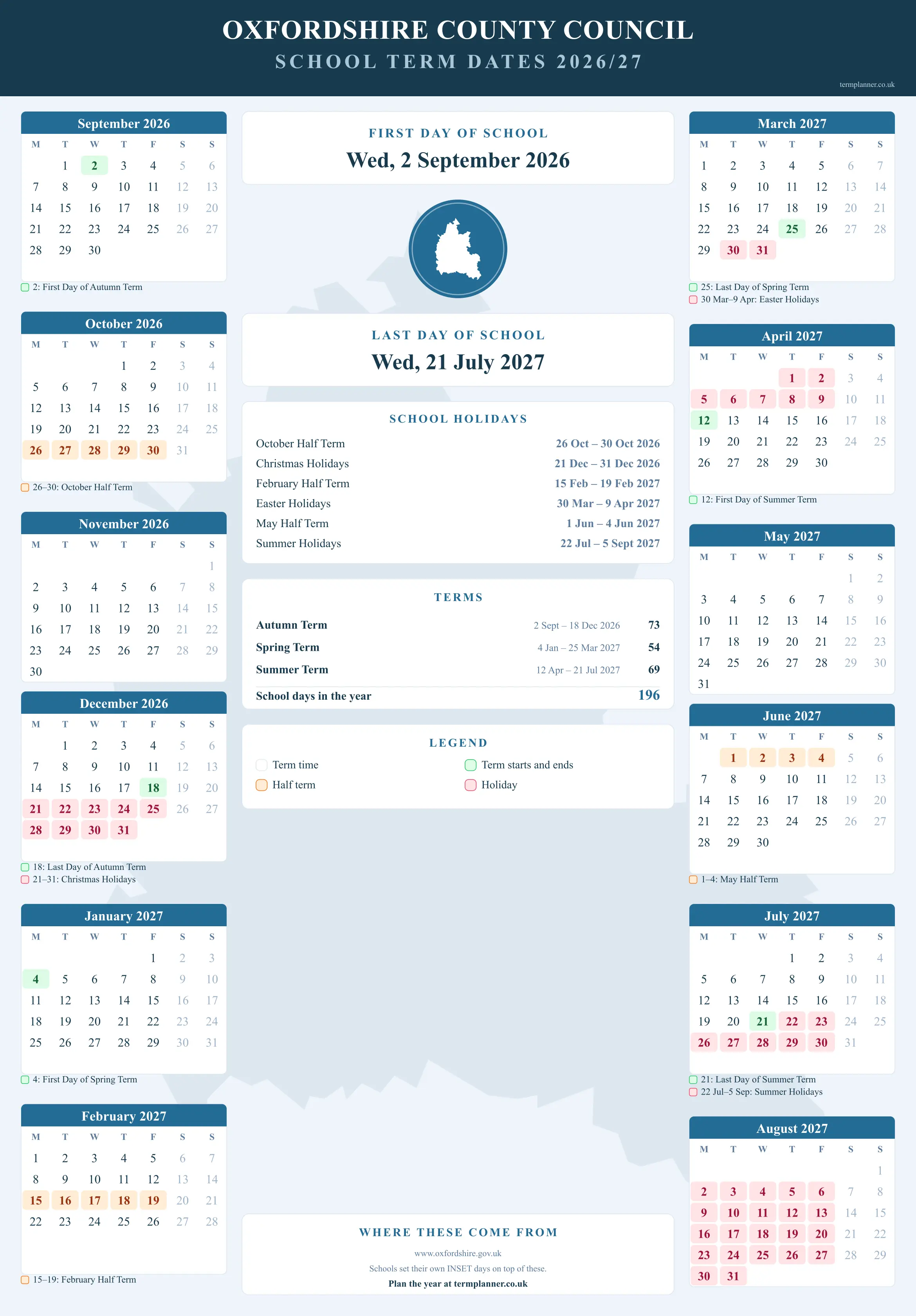 Oxfordshire County Council’s 2026/27 school year drawn as a wall calendar: all twelve months from September to August, with autumn term 2 September to 18 December 2026, spring term 4 January to 25 March 2027, summer term 12 April to 21 July 2027. Half terms, holidays and bank holidays are shaded, and each month's dates listed underneath it in words.
