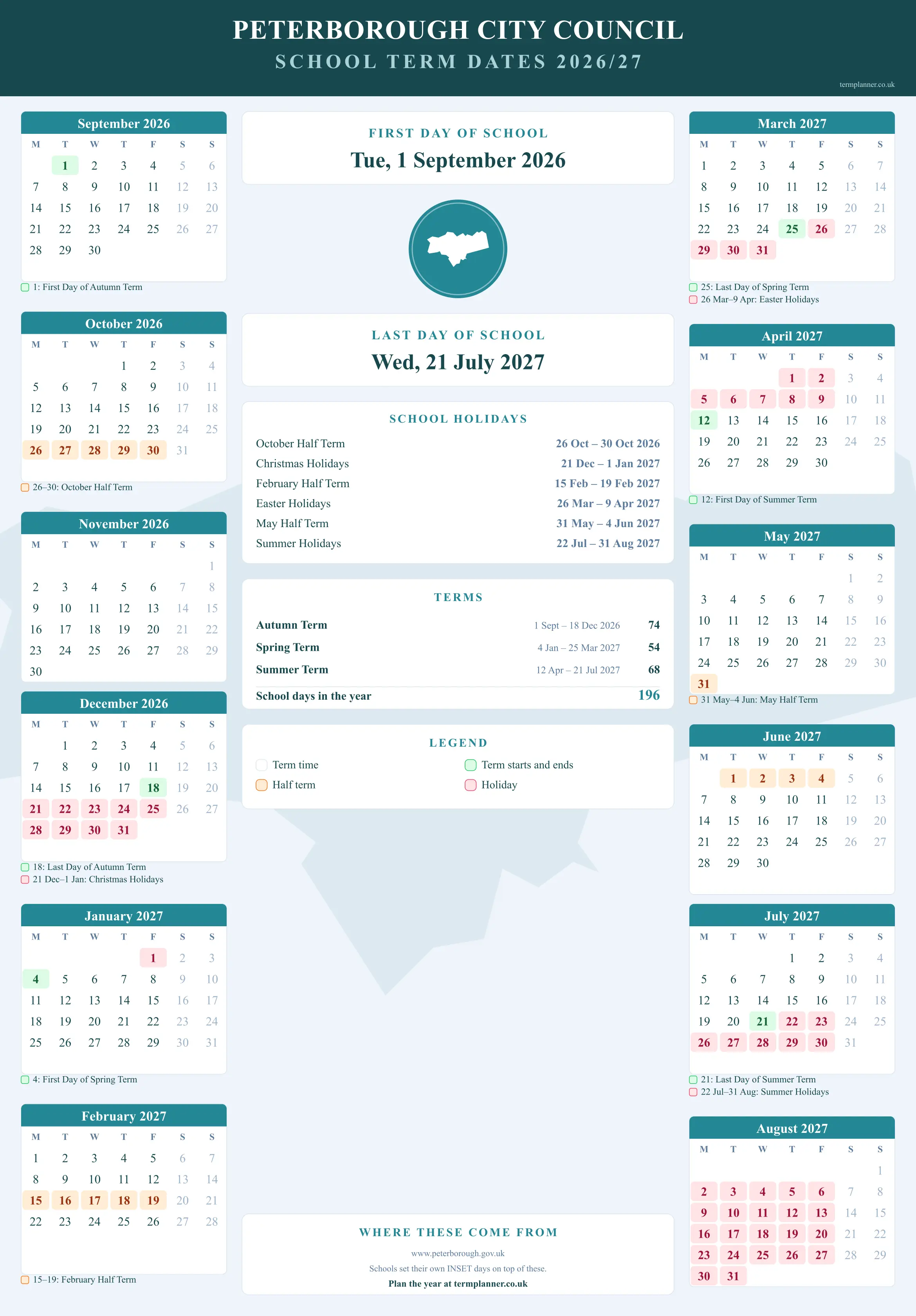 Peterborough City Council’s 2026/27 school year drawn as a wall calendar: all twelve months from September to August, with autumn term 1 September to 18 December 2026, spring term 4 January to 25 March 2027, summer term 12 April to 21 July 2027. Half terms, holidays and bank holidays are shaded, and each month's dates listed underneath it in words.