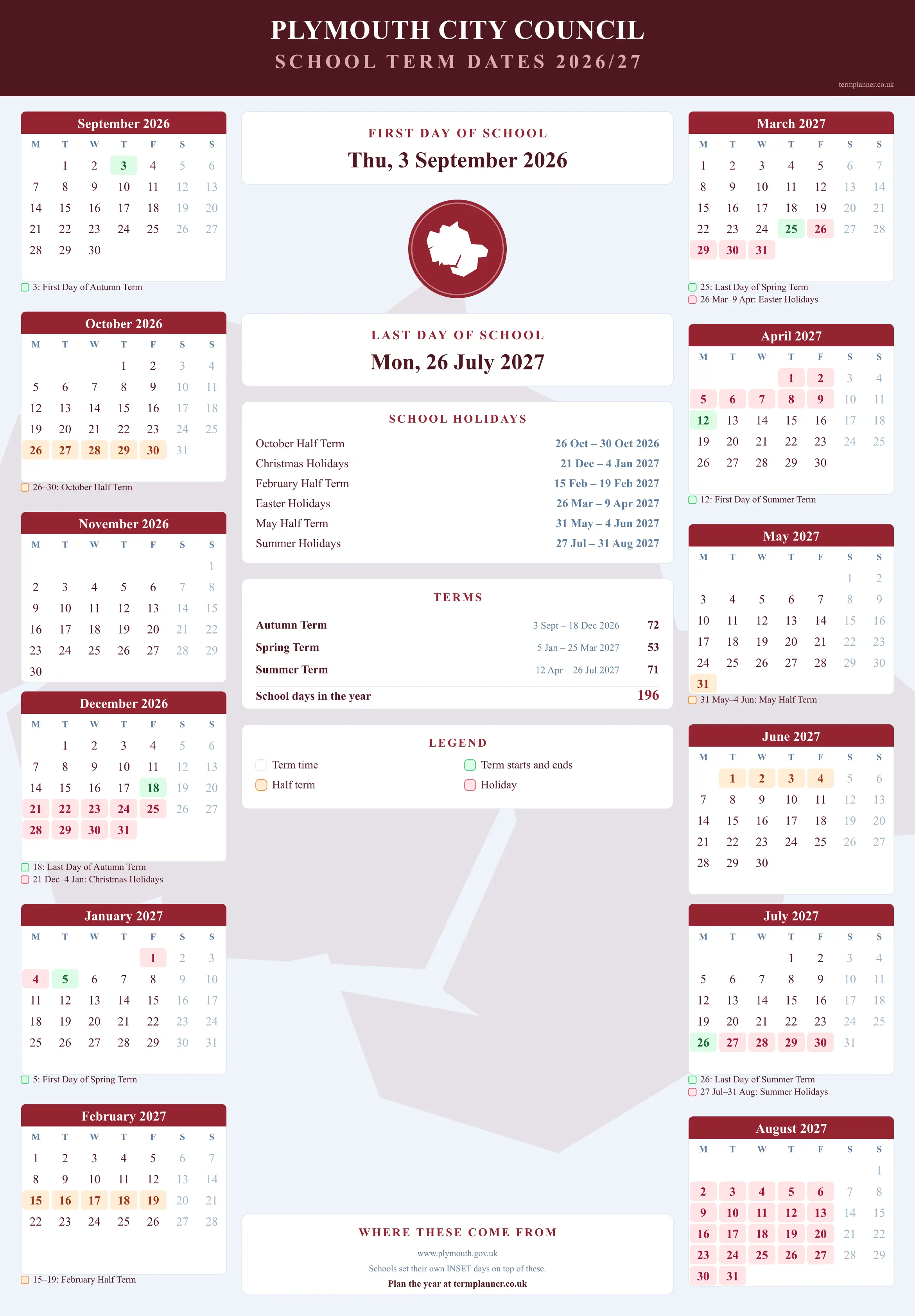 Plymouth City Council’s 2026/27 school year drawn as a wall calendar: all twelve months from September to August, with autumn term 3 September to 18 December 2026, spring term 5 January to 25 March 2027, summer term 12 April to 26 July 2027. Half terms, holidays and bank holidays are shaded, and each month's dates listed underneath it in words.