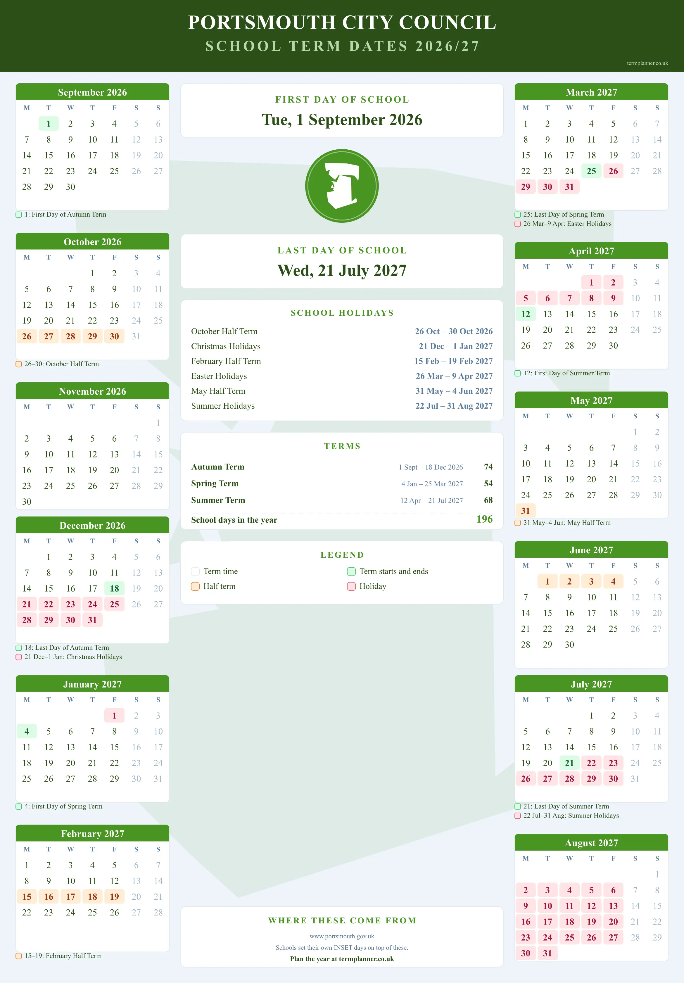 Portsmouth City Council’s 2026/27 school year drawn as a wall calendar: all twelve months from September to August, with autumn term 1 September to 18 December 2026, spring term 4 January to 25 March 2027, summer term 12 April to 21 July 2027. Half terms, holidays and bank holidays are shaded, and each month's dates listed underneath it in words.