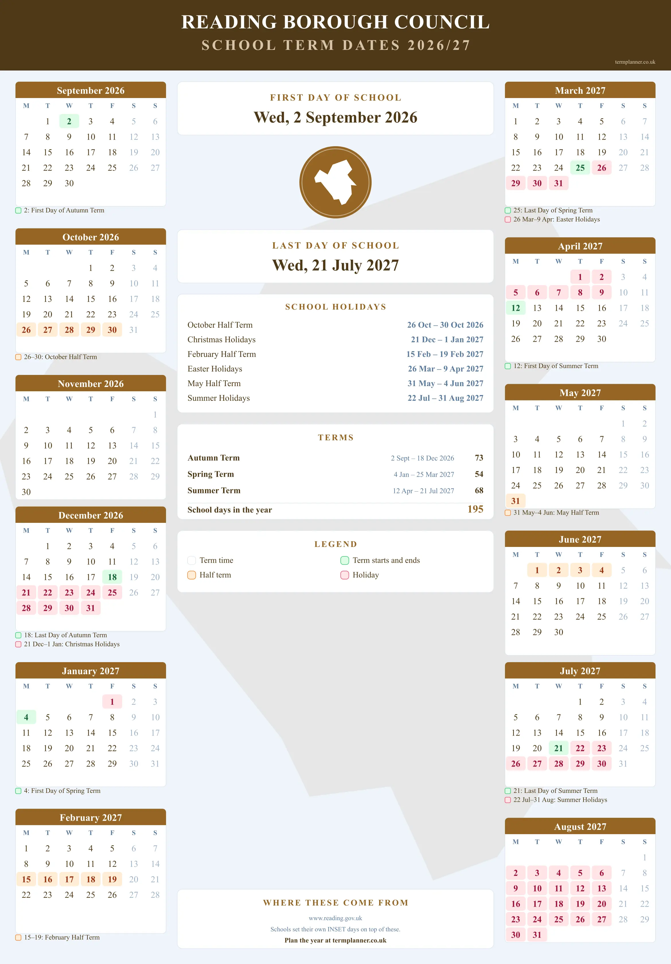 Reading Borough Council’s 2026/27 school year drawn as a wall calendar: all twelve months from September to August, with autumn term 2 September to 18 December 2026, spring term 4 January to 25 March 2027, summer term 12 April to 21 July 2027. Half terms, holidays and bank holidays are shaded, and each month's dates listed underneath it in words.