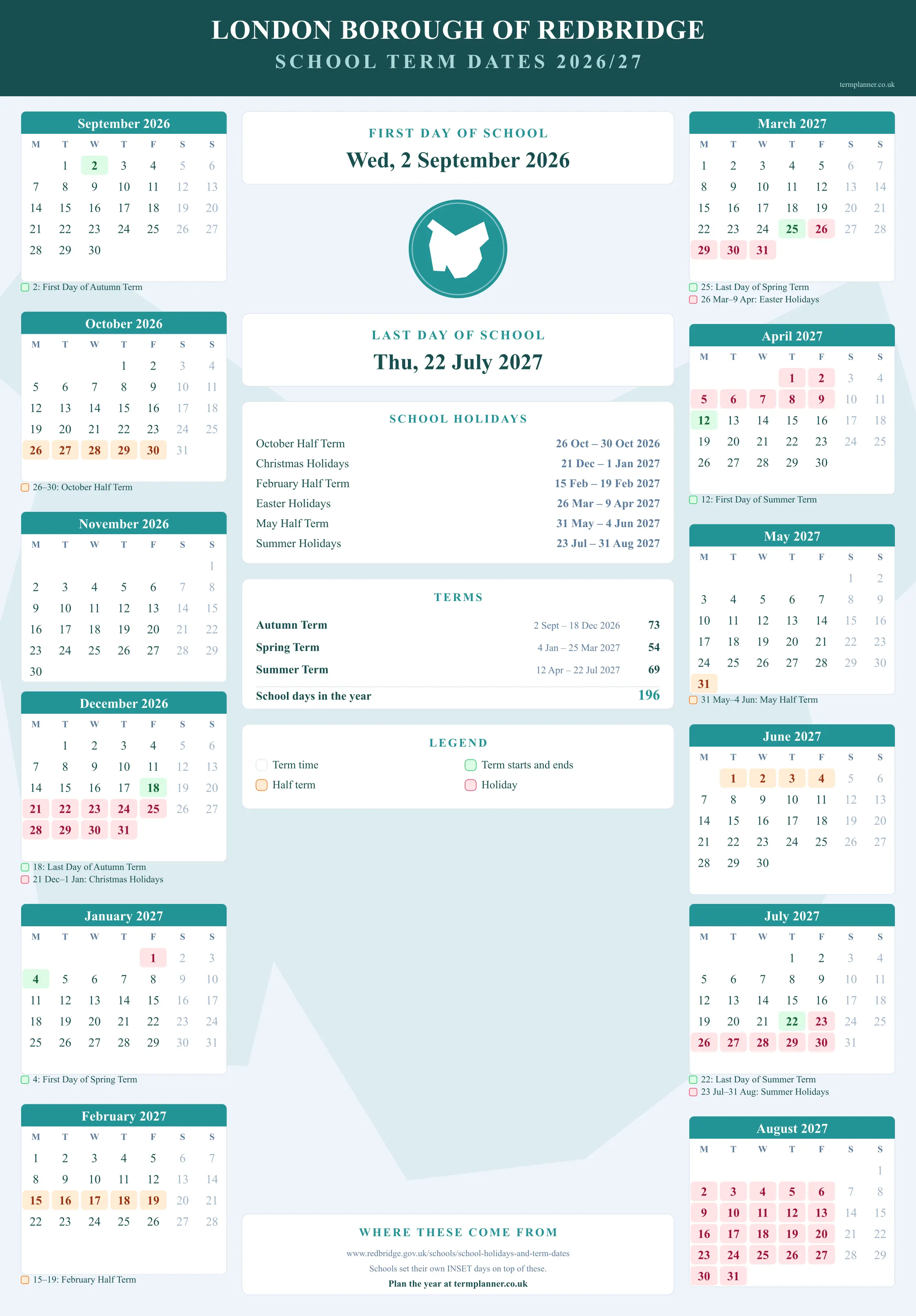 London Borough of Redbridge’s 2026/27 school year drawn as a wall calendar: all twelve months from September to August, with autumn term 2 September to 18 December 2026, spring term 4 January to 25 March 2027, summer term 12 April to 22 July 2027. Half terms, holidays and bank holidays are shaded, and each month's dates listed underneath it in words.