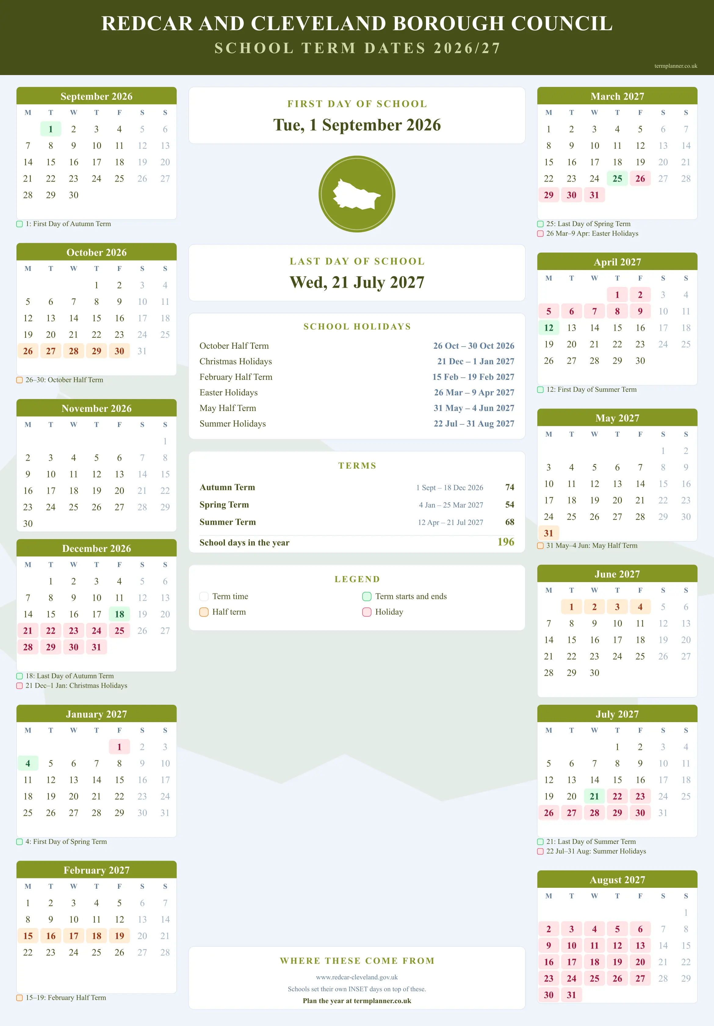 Redcar and Cleveland Borough Council’s 2026/27 school year drawn as a wall calendar: all twelve months from September to August, with autumn term 1 September to 18 December 2026, spring term 4 January to 25 March 2027, summer term 12 April to 21 July 2027. Half terms, holidays and bank holidays are shaded, and each month's dates listed underneath it in words.