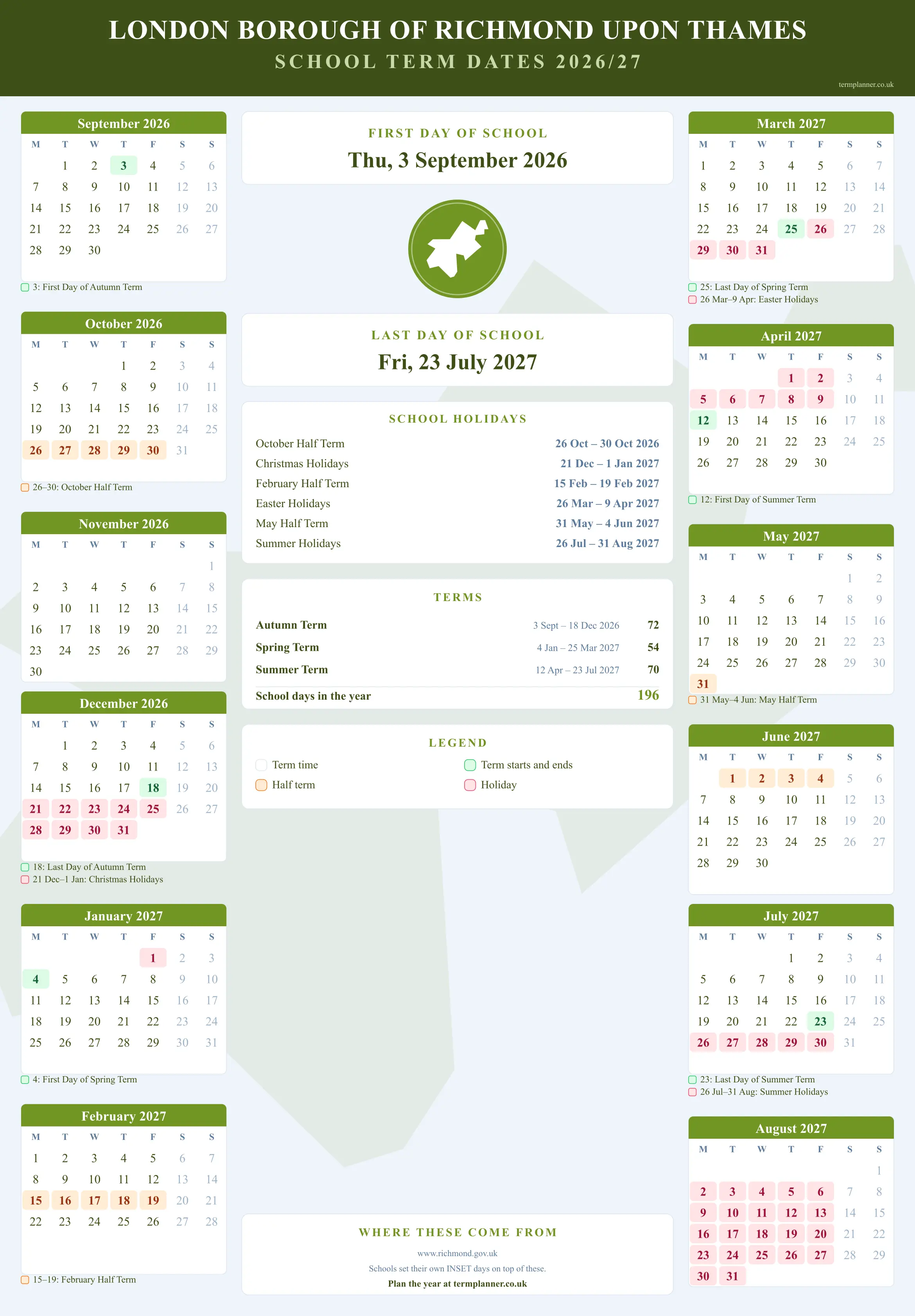 London Borough of Richmond upon Thames’s 2026/27 school year drawn as a wall calendar: all twelve months from September to August, with autumn term 3 September to 18 December 2026, spring term 4 January to 25 March 2027, summer term 12 April to 23 July 2027. Half terms, holidays and bank holidays are shaded, and each month's dates listed underneath it in words.