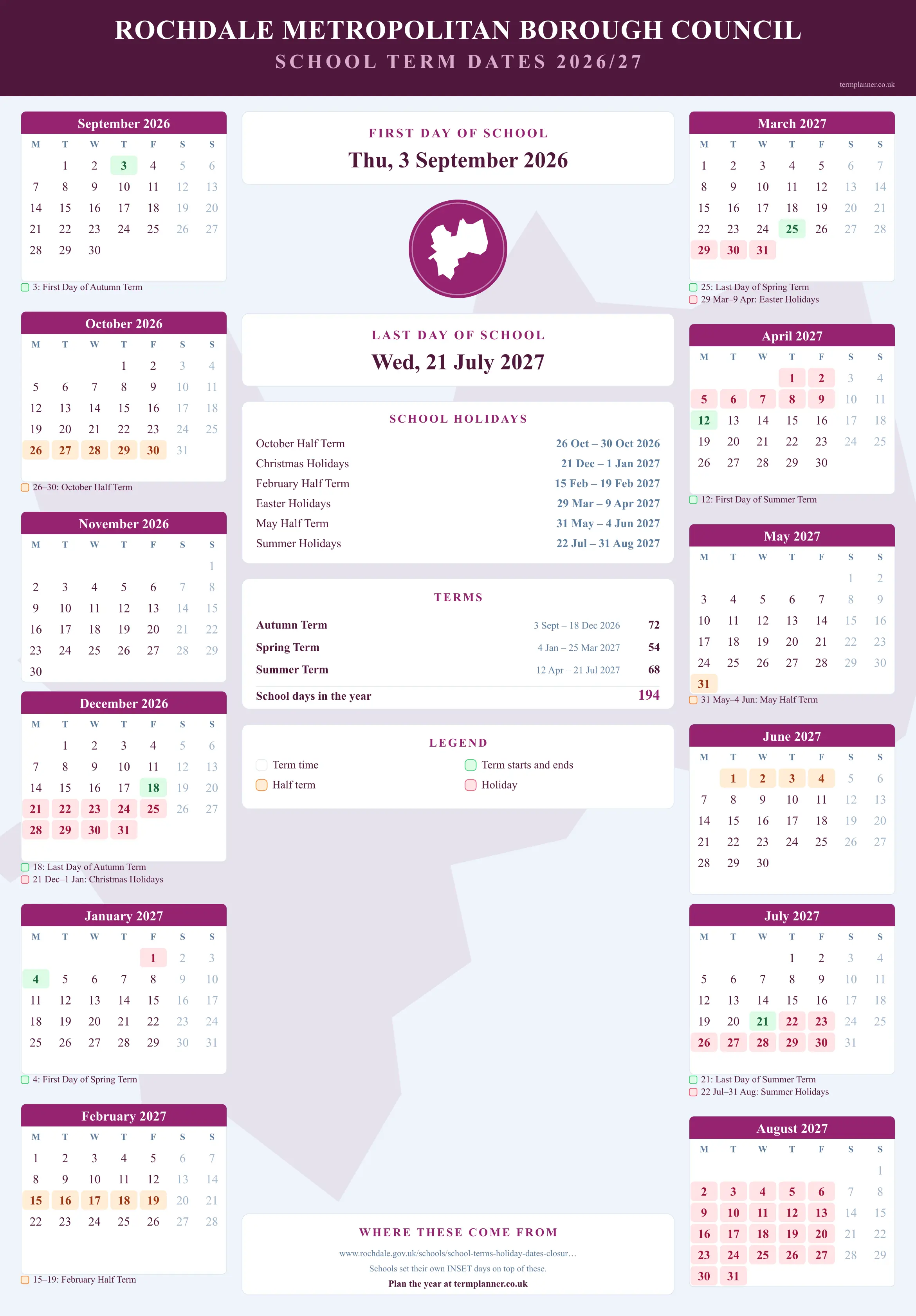 Rochdale Metropolitan Borough Council’s 2026/27 school year drawn as a wall calendar: all twelve months from September to August, with autumn term 3 September to 18 December 2026, spring term 4 January to 25 March 2027, summer term 12 April to 21 July 2027. Half terms, holidays and bank holidays are shaded, and each month's dates listed underneath it in words.