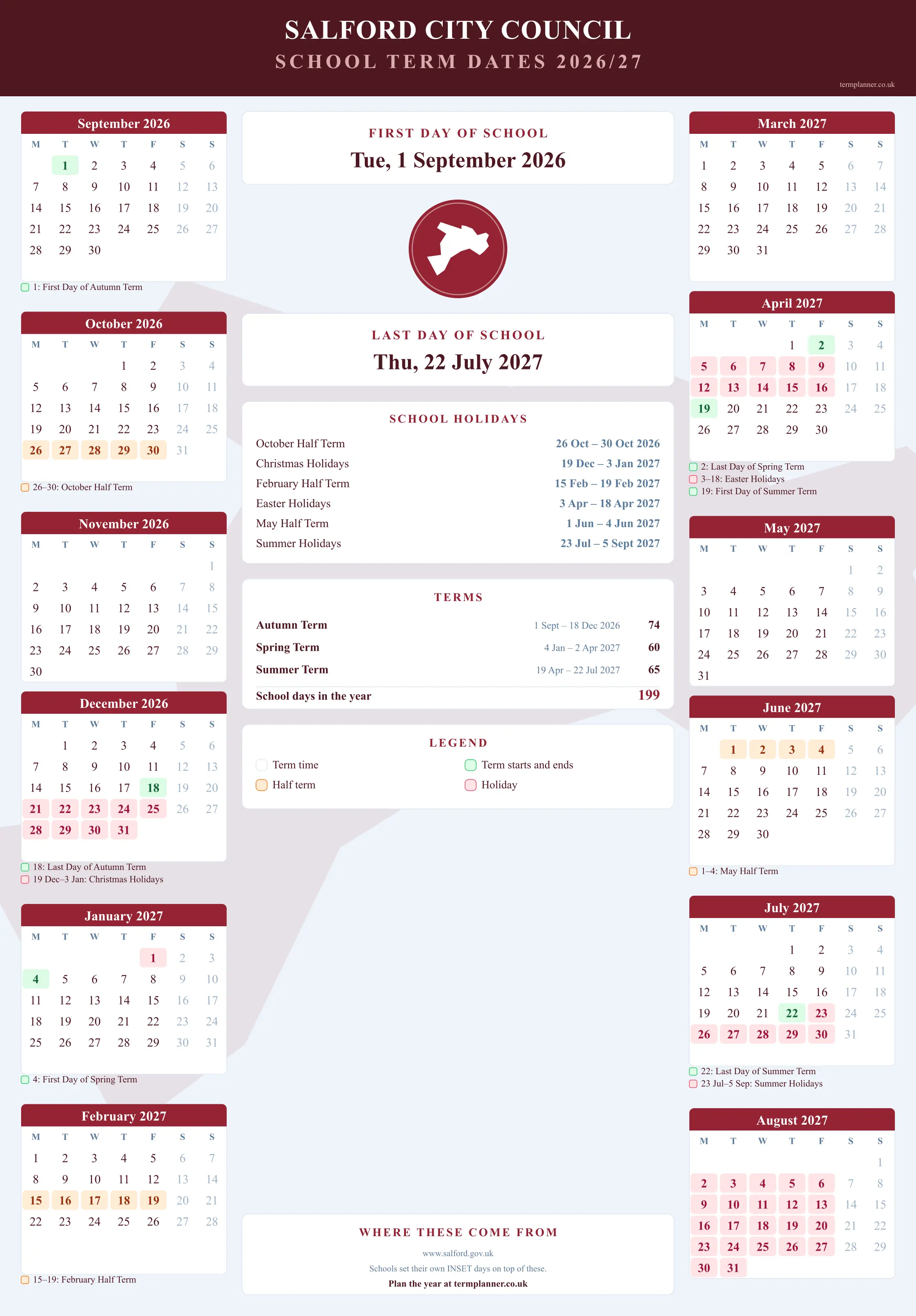 Salford City Council’s 2026/27 school year drawn as a wall calendar: all twelve months from September to August, with autumn term 1 September to 18 December 2026, spring term 4 January to 2 April 2027, summer term 19 April to 22 July 2027. Half terms, holidays and bank holidays are shaded, and each month's dates listed underneath it in words.