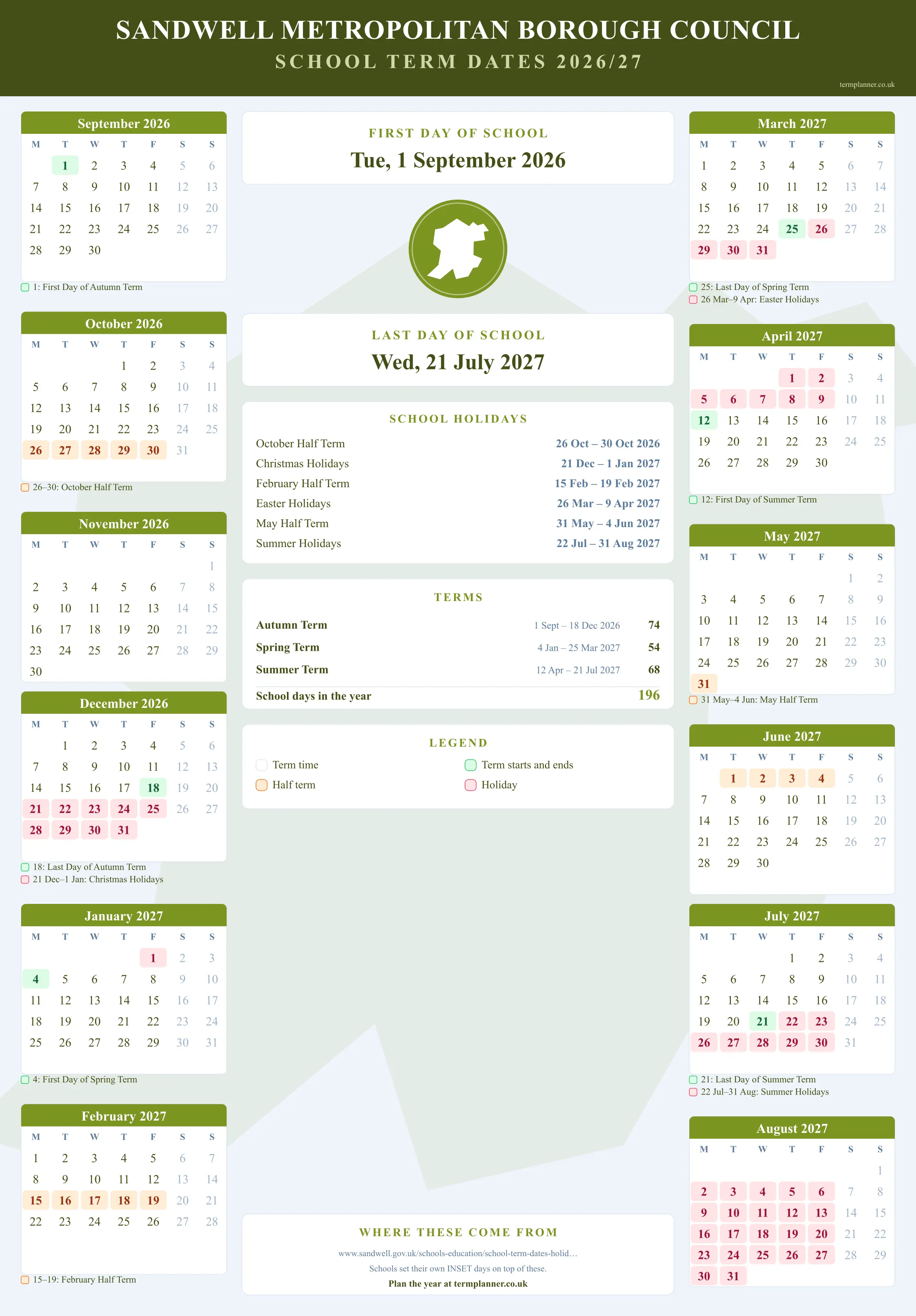 Sandwell Metropolitan Borough Council’s 2026/27 school year drawn as a wall calendar: all twelve months from September to August, with autumn term 1 September to 18 December 2026, spring term 4 January to 25 March 2027, summer term 12 April to 21 July 2027. Half terms, holidays and bank holidays are shaded, and each month's dates listed underneath it in words.