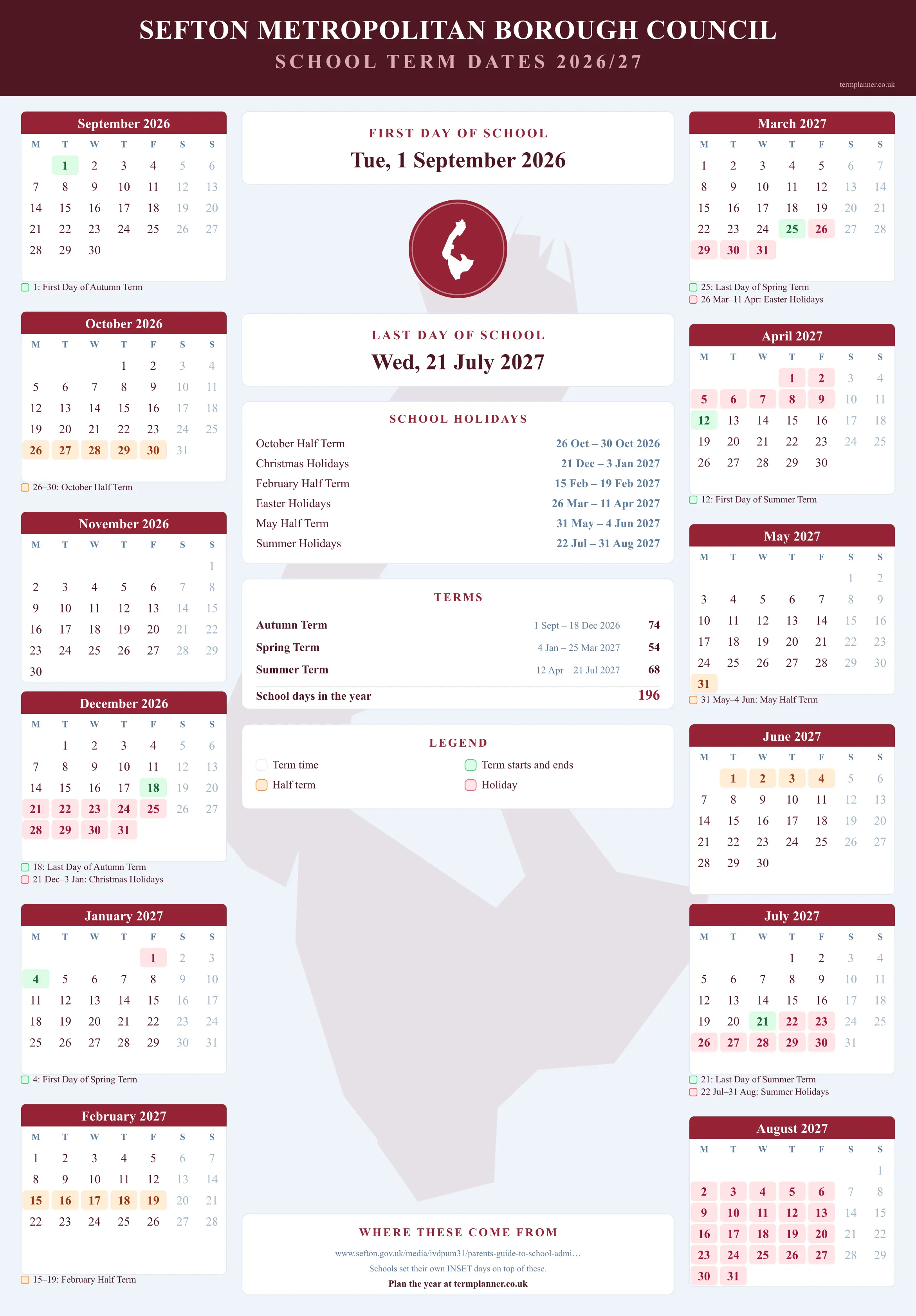 Sefton Metropolitan Borough Council’s 2026/27 school year drawn as a wall calendar: all twelve months from September to August, with autumn term 1 September to 18 December 2026, spring term 4 January to 25 March 2027, summer term 12 April to 21 July 2027. Half terms, holidays and bank holidays are shaded, and each month's dates listed underneath it in words.