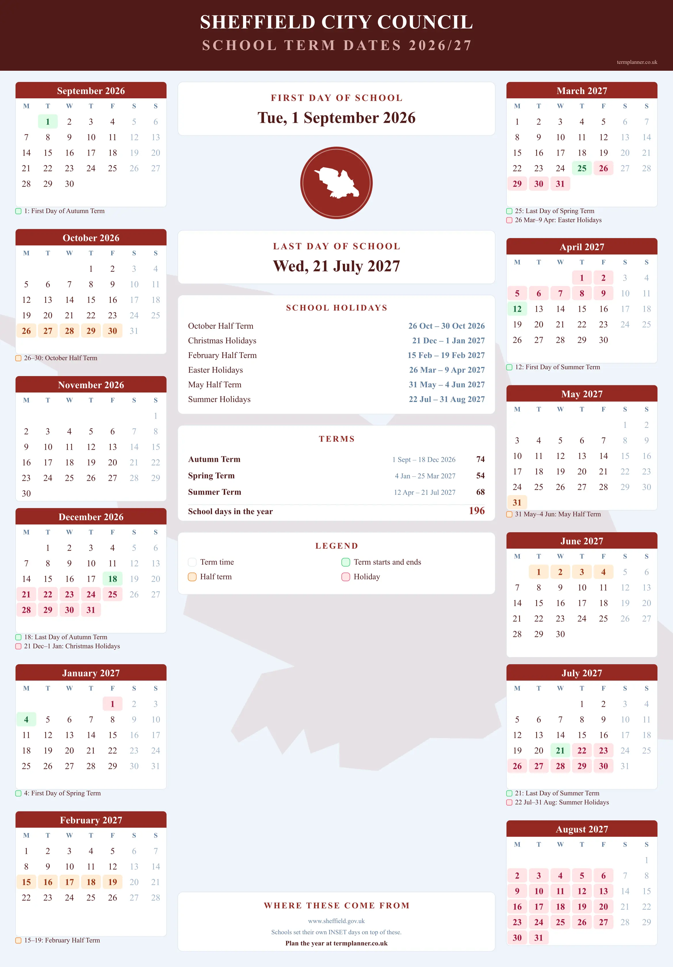 Sheffield City Council’s 2026/27 school year drawn as a wall calendar: all twelve months from September to August, with autumn term 1 September to 18 December 2026, spring term 4 January to 25 March 2027, summer term 12 April to 21 July 2027. Half terms, holidays and bank holidays are shaded, and each month's dates listed underneath it in words.