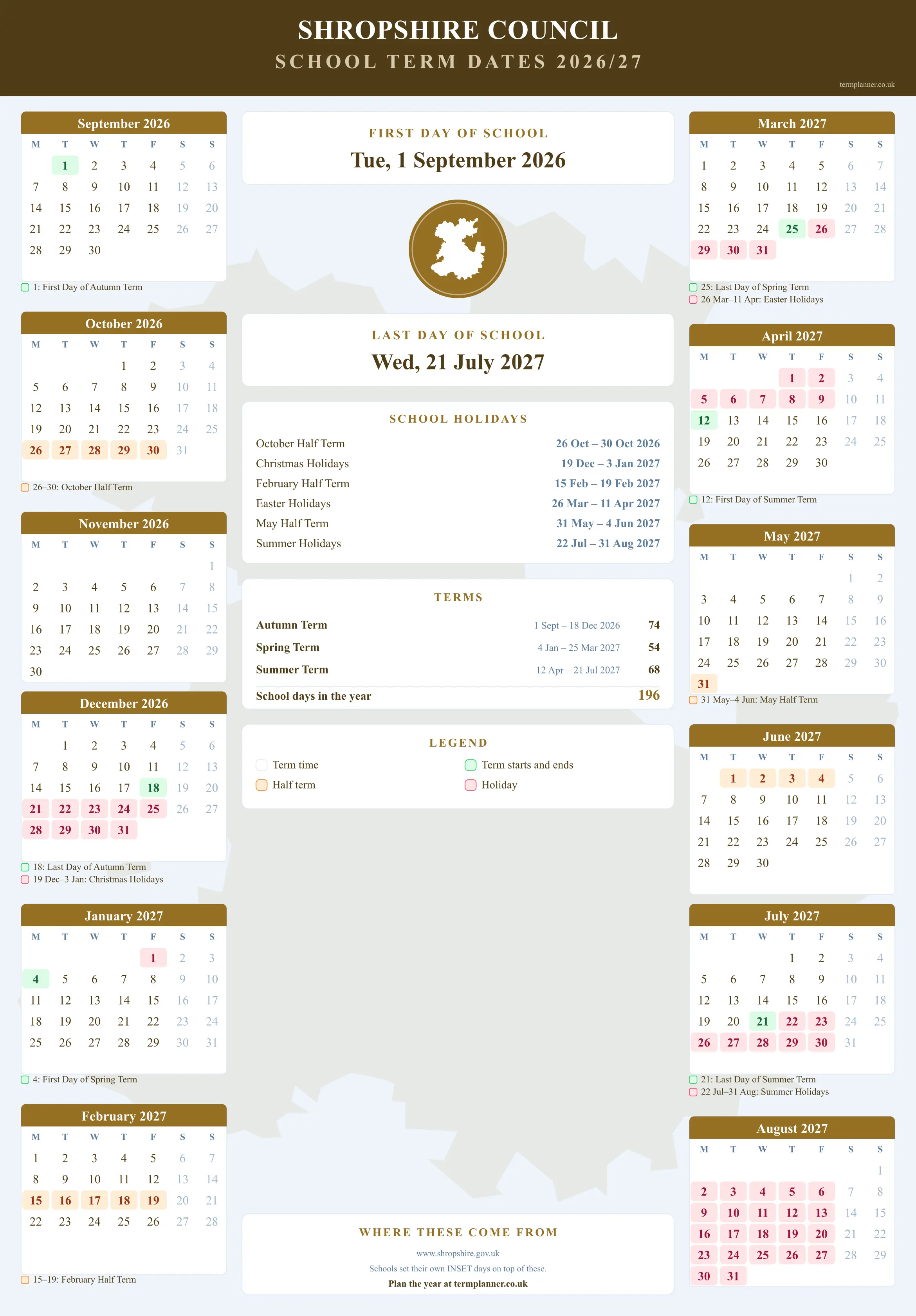 Shropshire Council’s 2026/27 school year drawn as a wall calendar: all twelve months from September to August, with autumn term 1 September to 18 December 2026, spring term 4 January to 25 March 2027, summer term 12 April to 21 July 2027. Half terms, holidays and bank holidays are shaded, and each month's dates listed underneath it in words.