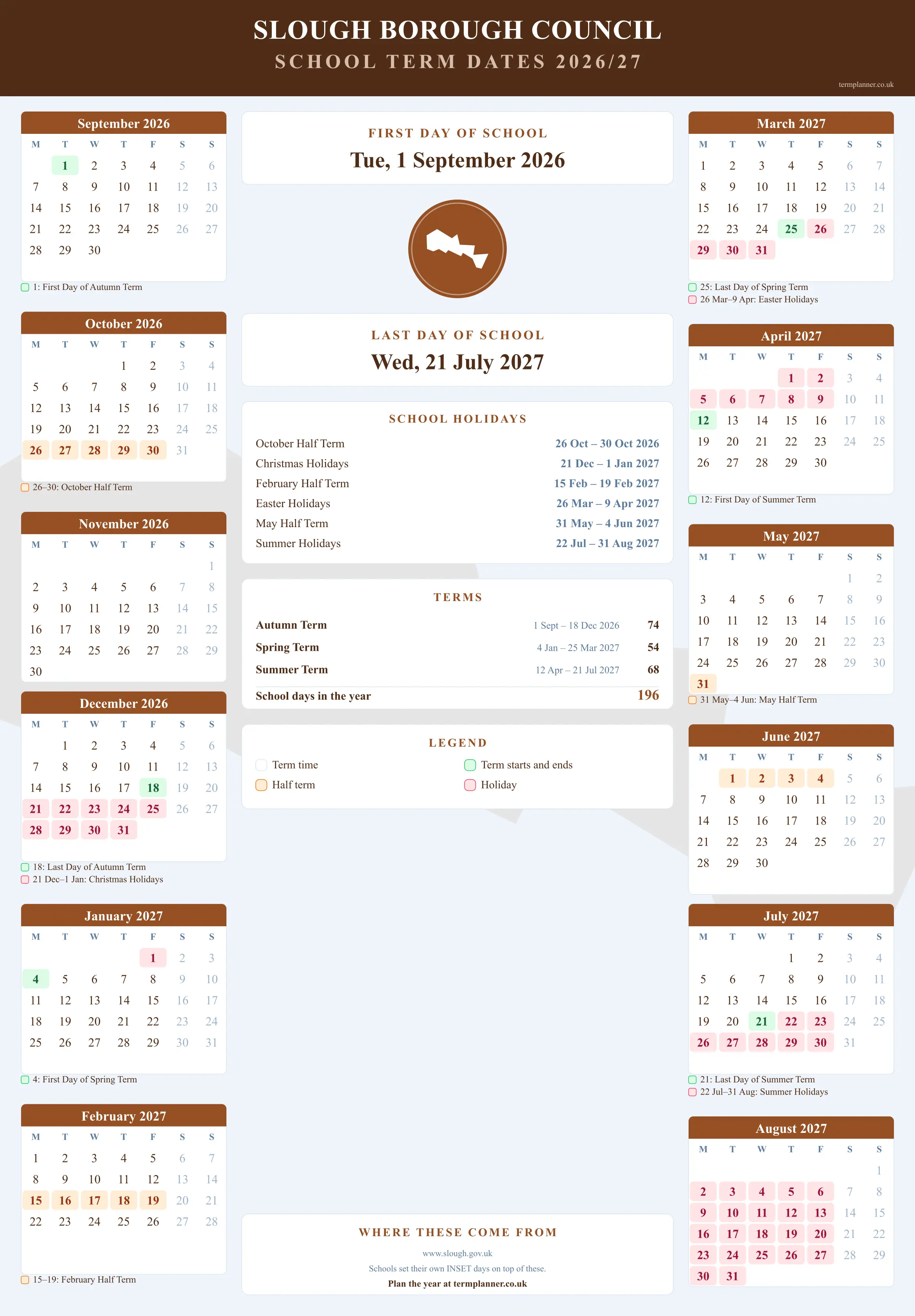 Slough Borough Council’s 2026/27 school year drawn as a wall calendar: all twelve months from September to August, with autumn term 1 September to 18 December 2026, spring term 4 January to 25 March 2027, summer term 12 April to 21 July 2027. Half terms, holidays and bank holidays are shaded, and each month's dates listed underneath it in words.